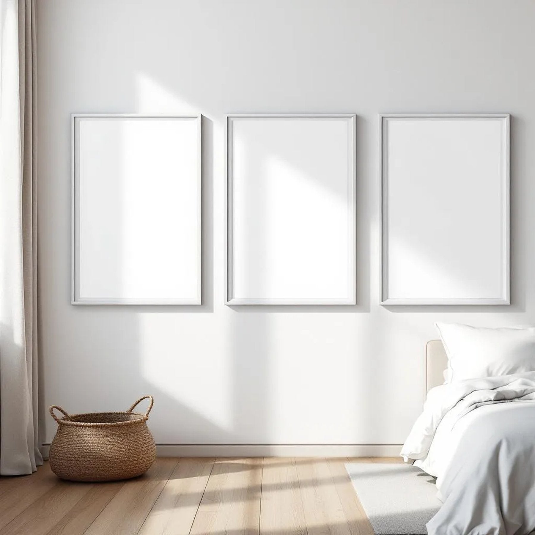 White Bedroom Interior Frame Mockup — Plain Square Frame Square 1:1 — Perspective View — #03730 | MockupBulk