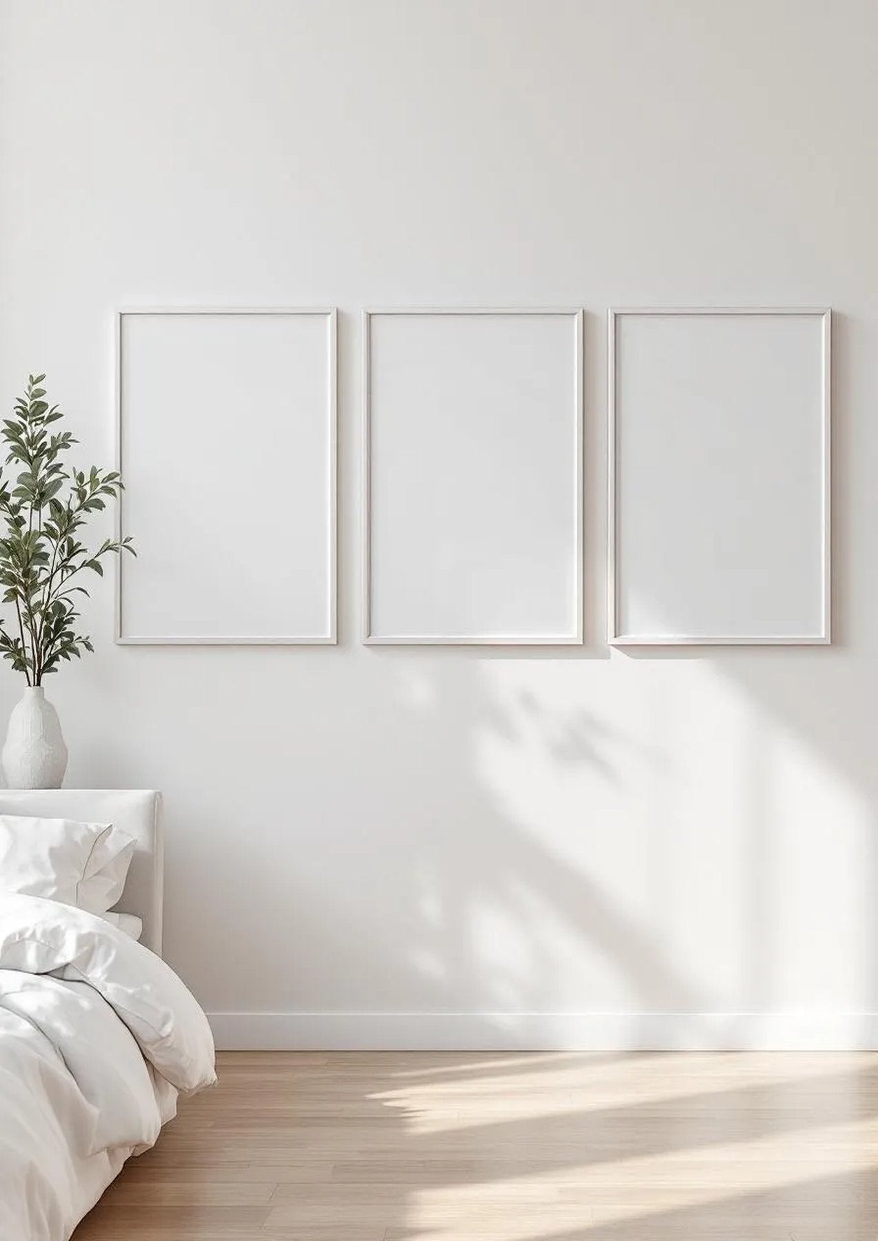 White Bedroom Editorial Room Mockup — White Frame A-Series (A4 / A3) — Perspective View — #03735 | MockupBulk