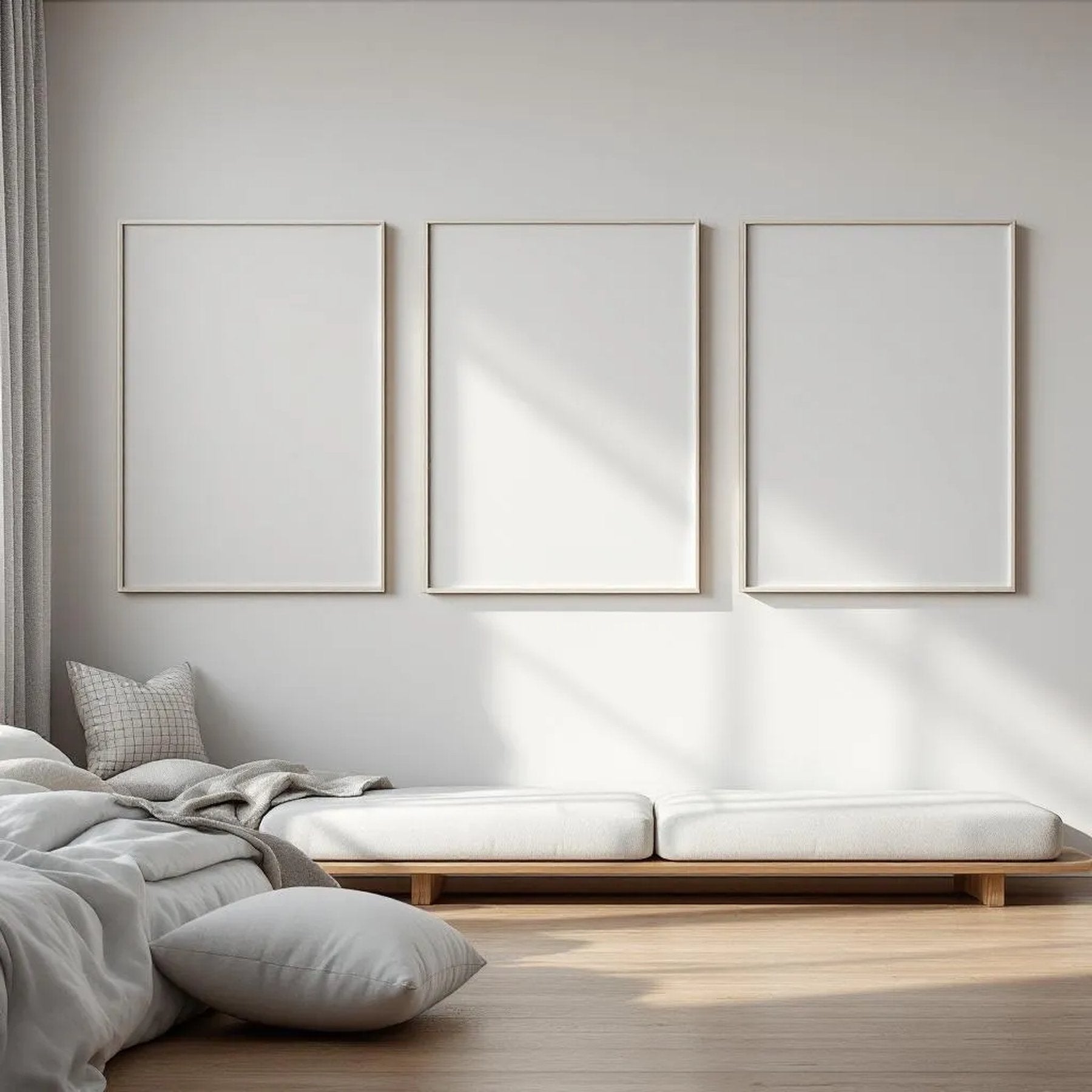 White Bedroom Editorial Room Mockup — Plain Square Frame Square 1:1 — Perspective View — #03736 | MockupBulk