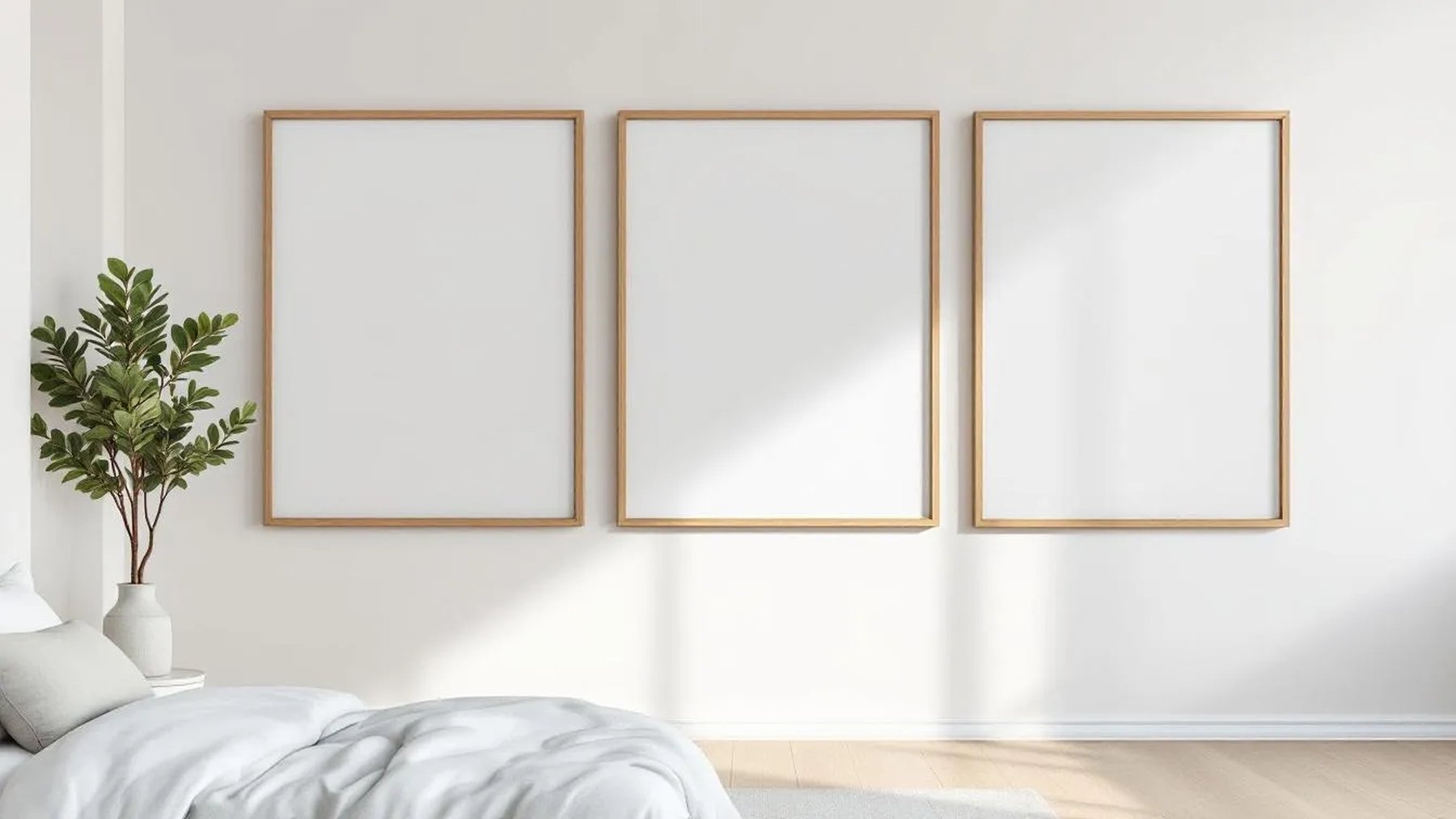White Bedroom Professional Frame Mockup — Natural Oak Frame Square 1:1 — Perspective View — #03740 | MockupBulk