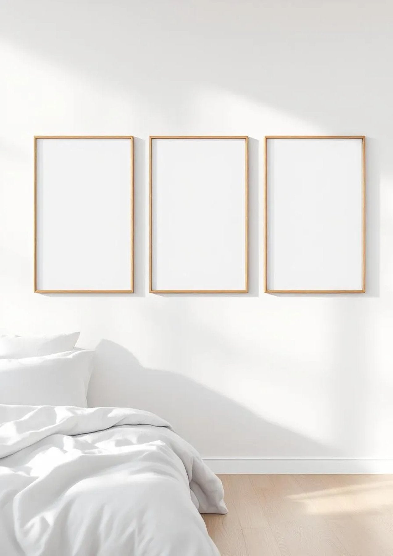 White Bedroom Room Scene Mockup — Natural Oak Frame Landscape 11x14 — Perspective View — #03741 | MockupBulk