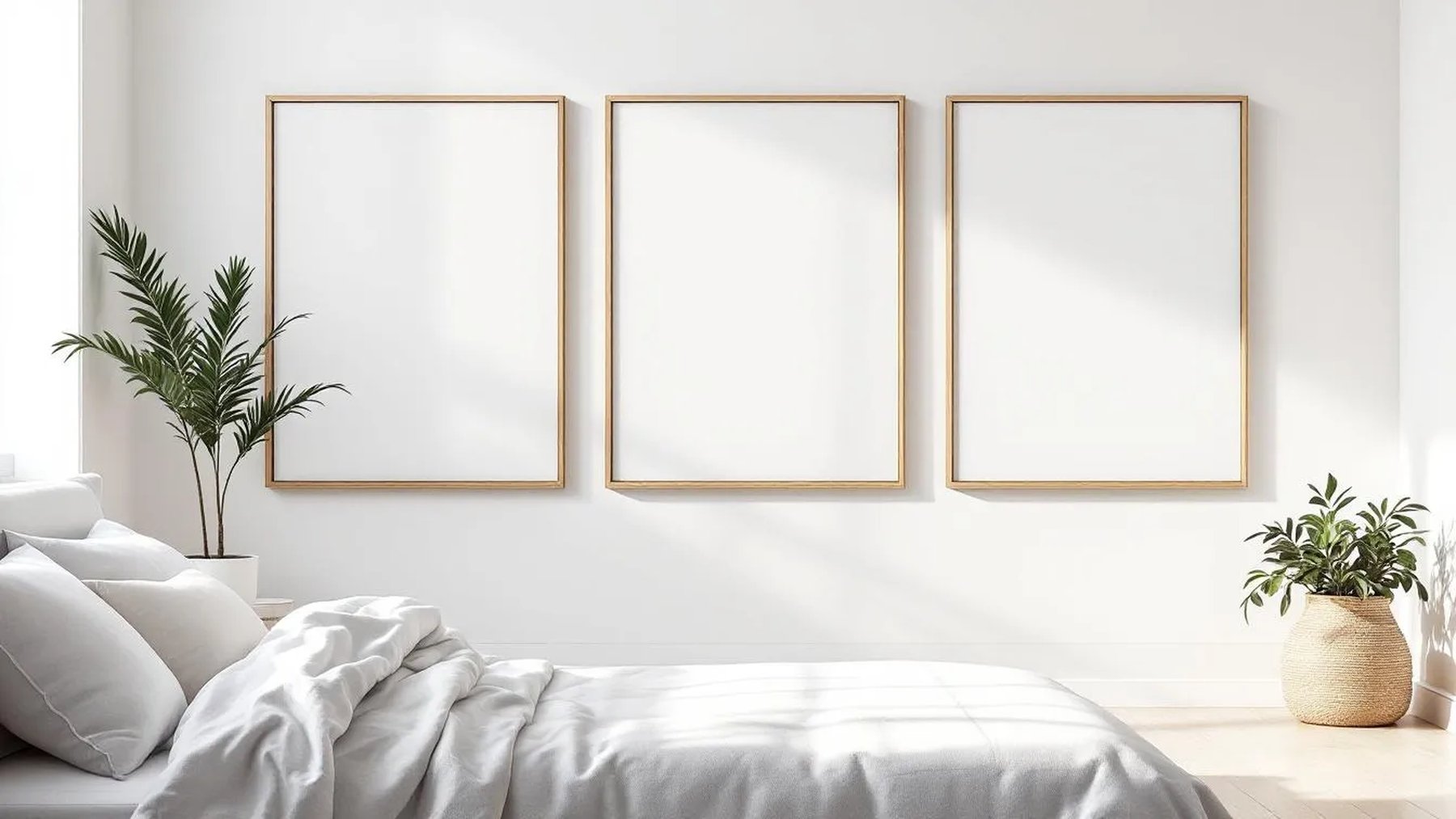 White Bedroom Room Scene Mockup — Natural Oak Frame Square 1:1 — Perspective View — #03743 | MockupBulk
