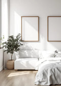 White Bedroom Premium Interior Mockup — Natural Oak Frame A-Series (A4 / A3) — Perspective View — #03744 | MockupBulk