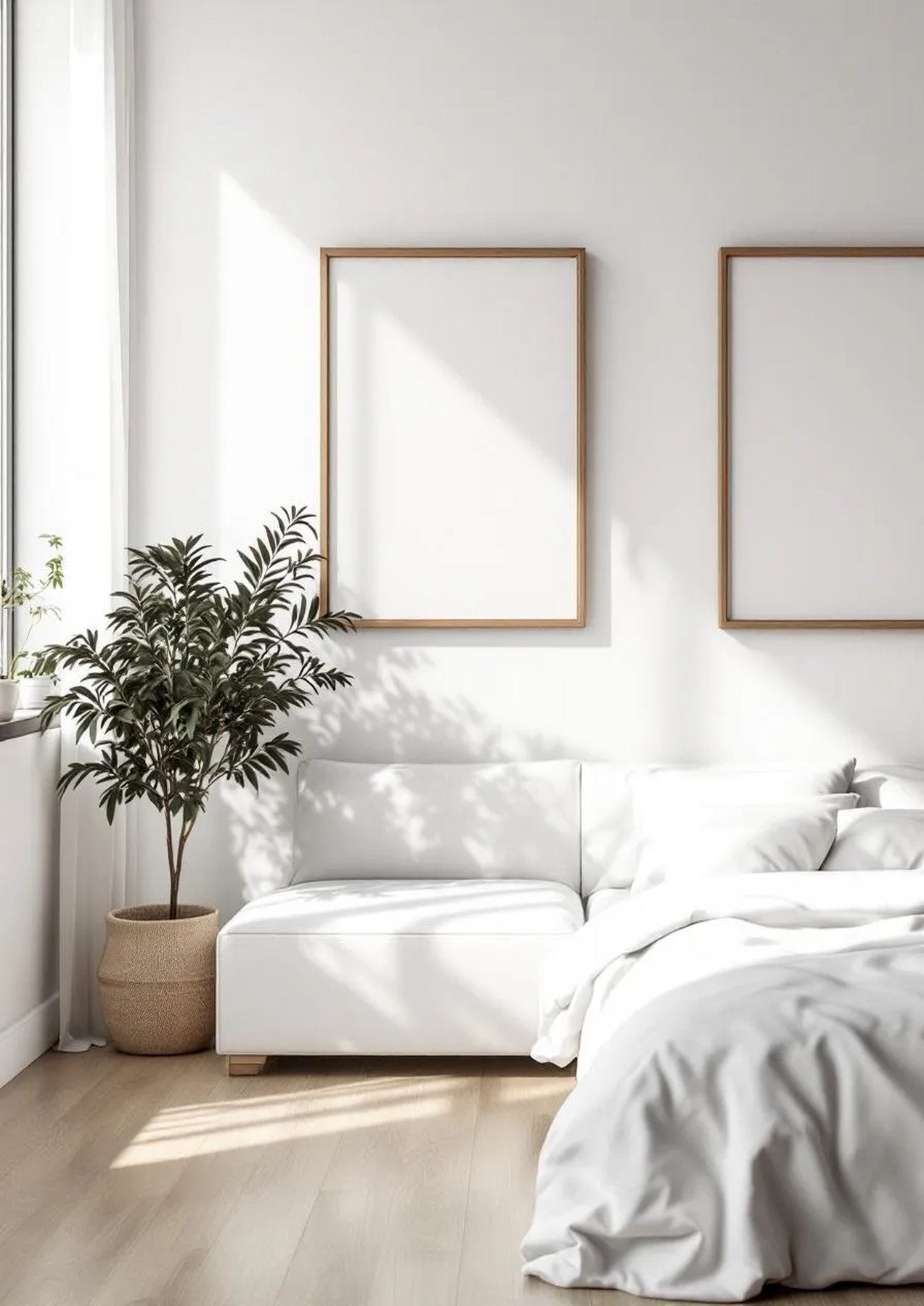 White Bedroom Premium Interior Mockup — Natural Oak Frame A-Series (A4 / A3) — Perspective View — #03744 | MockupBulk