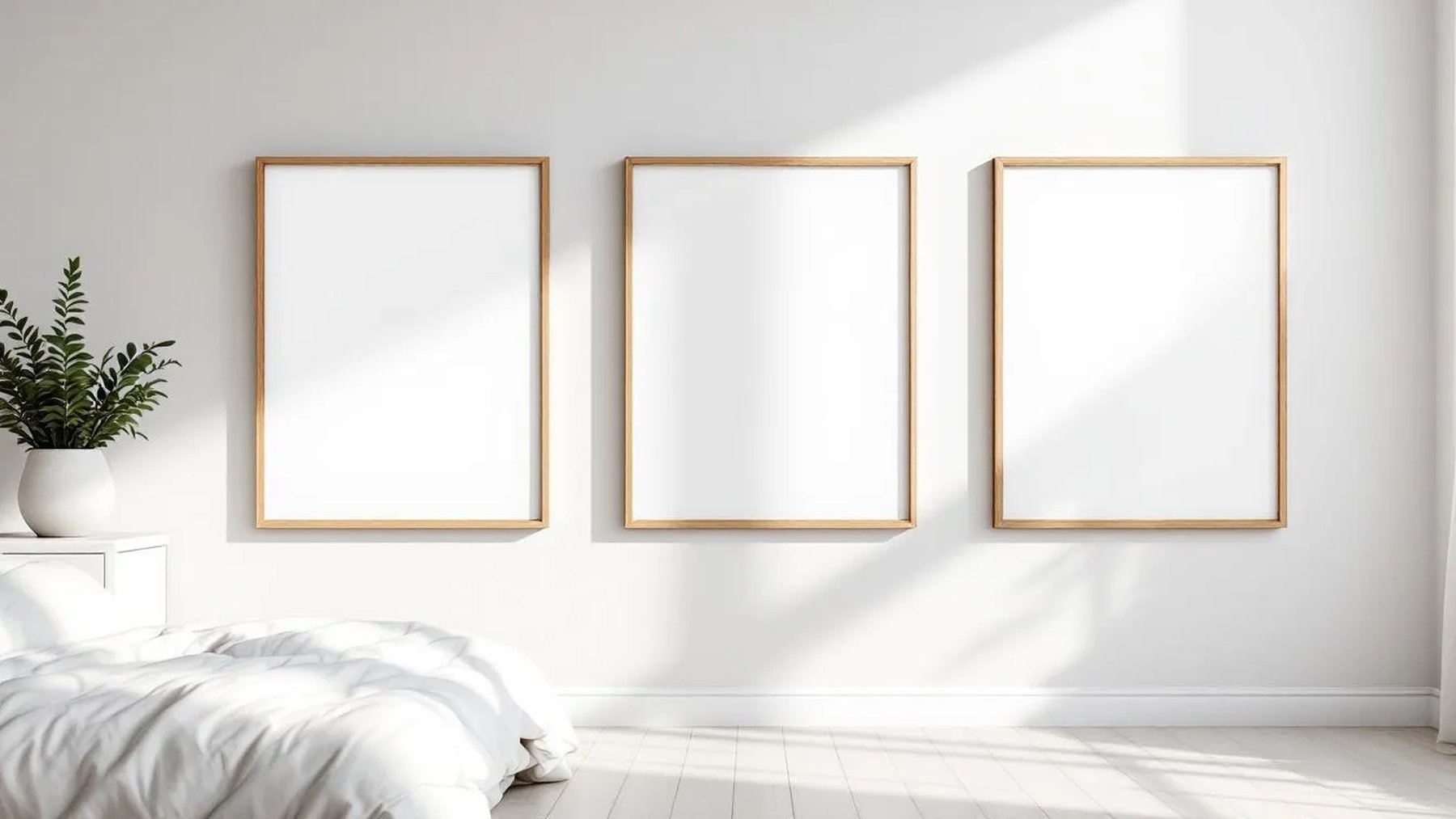 White Bedroom Frame Display Mockup — Natural Oak Frame Square 1:1 — Perspective View — #03746 | MockupBulk