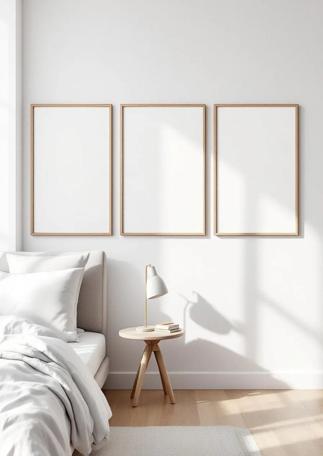 White Bedroom Editorial Room Mockup — Natural Oak Frame Square 1:1 — Perspective View — #03747 | MockupBulk
