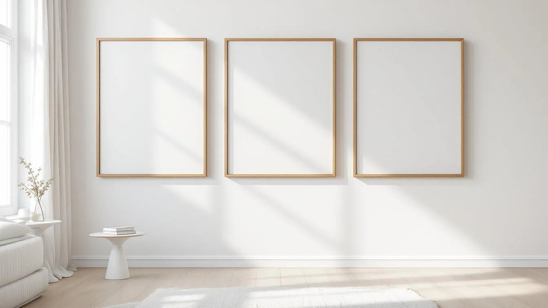 White Bedroom Premium Interior Mockup — Natural Oak Frame Square 1:1 — Perspective View — #03749 | MockupBulk