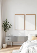 White Bedroom Interior Frame Mockup — Natural Oak Frame Portrait 2:3 — Perspective View — #03750 | MockupBulk