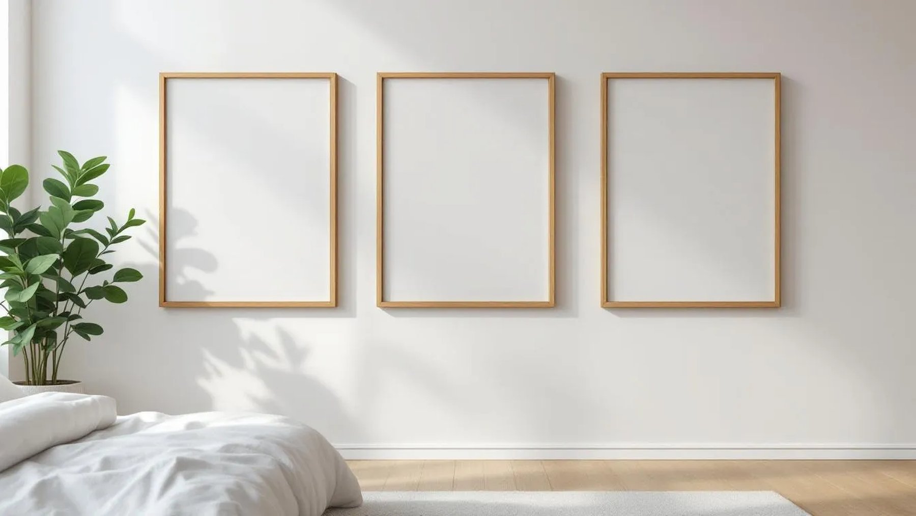 White Bedroom High-Res Frame Mockup — Natural Oak Frame Square 1:1 — Perspective View — #03752 | MockupBulk