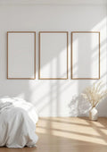 White Bedroom Premium Interior Mockup — Natural Oak Frame Portrait 2:3 — Perspective View — #03753 | MockupBulk