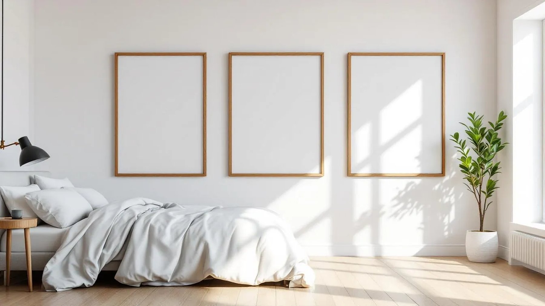 White Bedroom Frame Display Mockup — Natural Oak Frame Portrait 4:5 — Perspective View — #03755 | MockupBulk