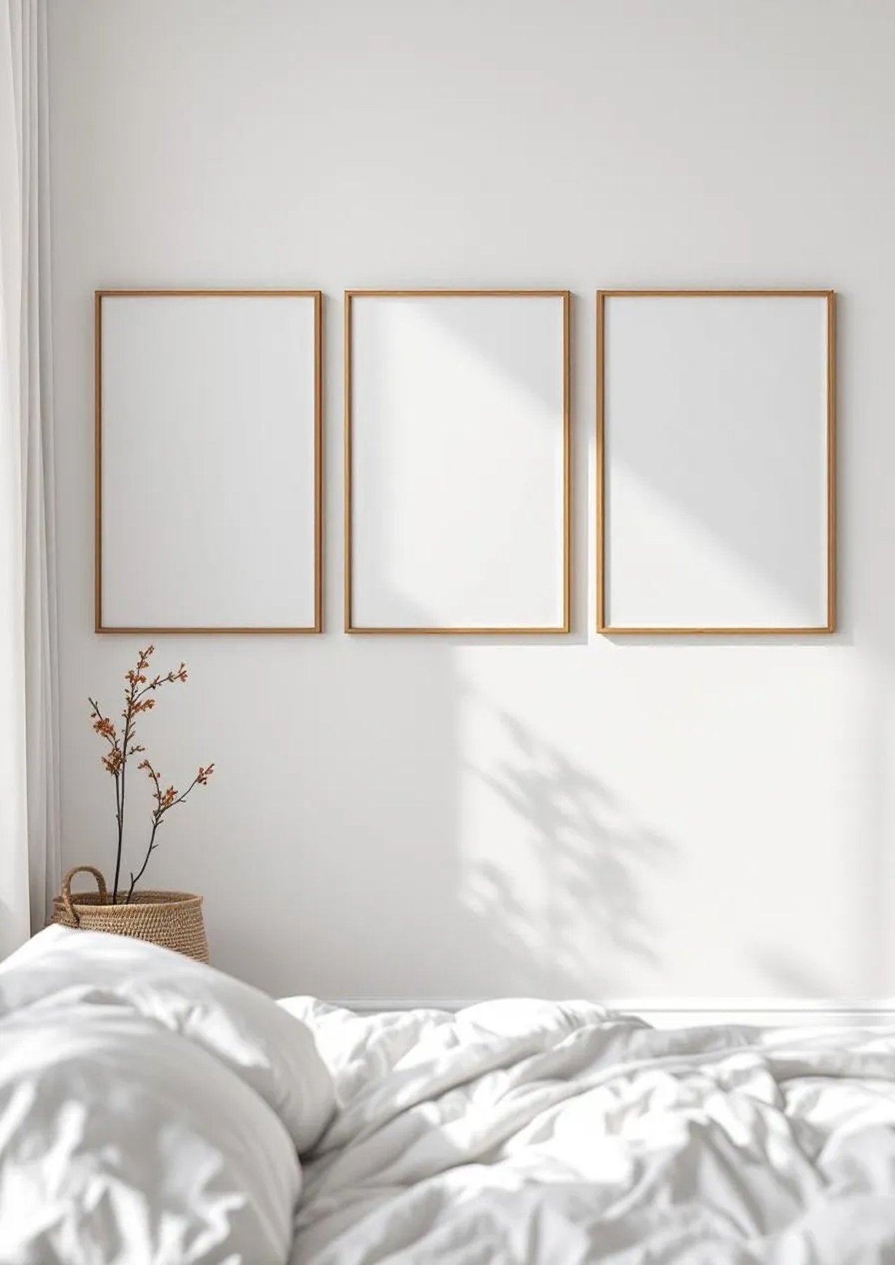 White Bedroom Frame Display Mockup — Natural Oak Frame Portrait 2:3 — Perspective View — #03756 | MockupBulk