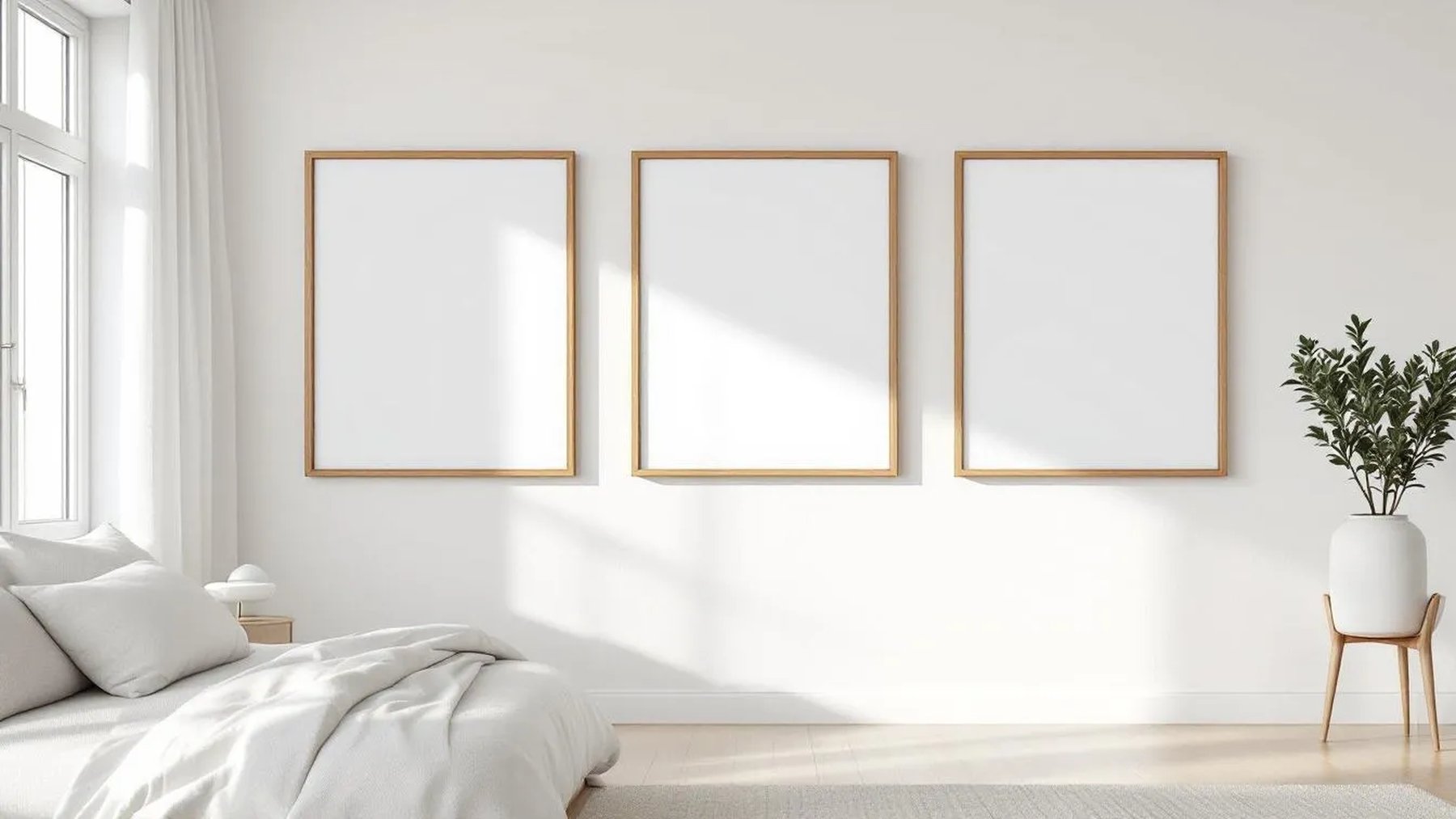 White Bedroom Premium Interior Mockup — Natural Oak Frame Square 1:1 — Perspective View — #03758 | MockupBulk