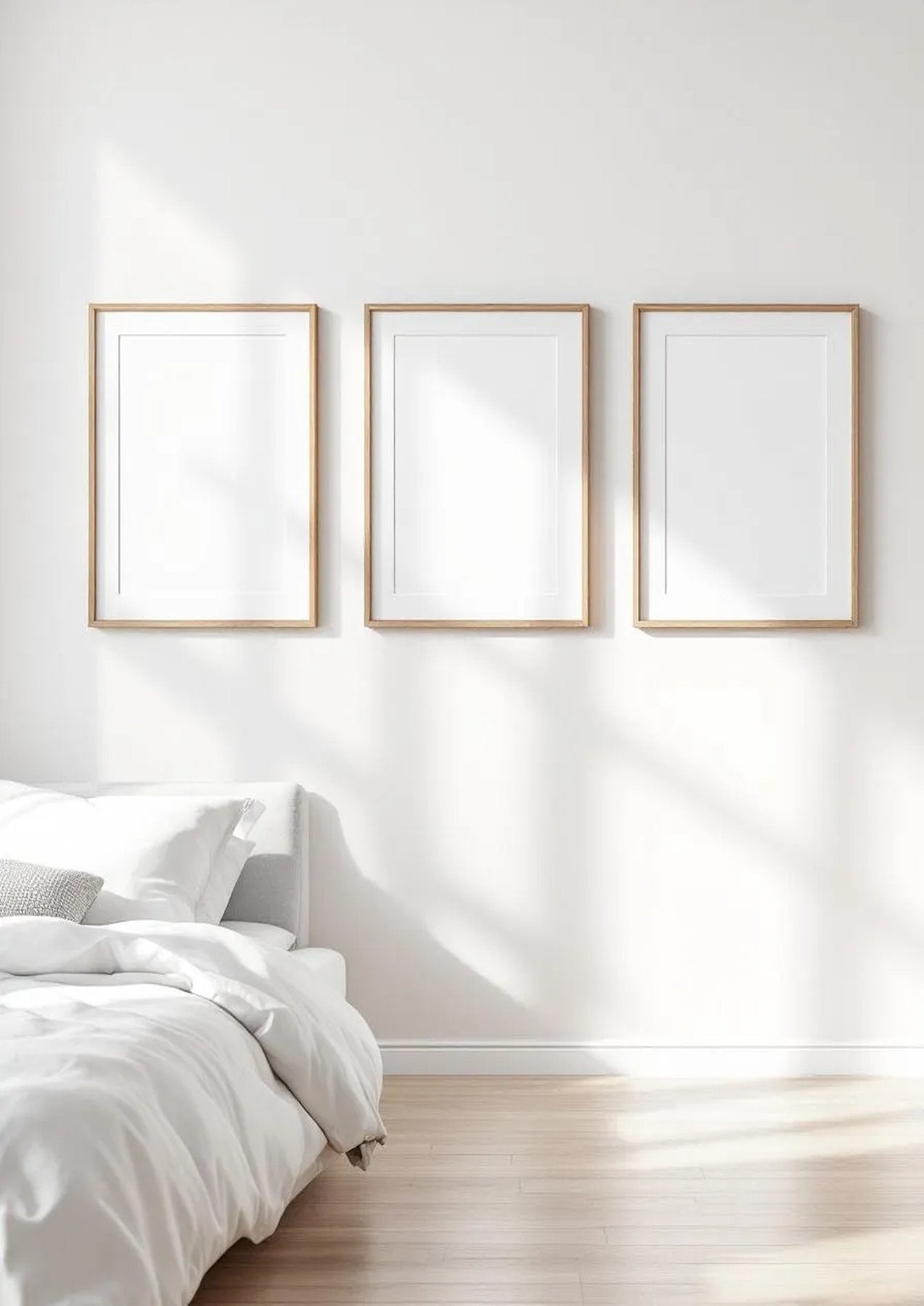 White Bedroom Interior Frame Mockup — Natural Oak Frame Portrait 4:5 — Perspective View — #03759 | MockupBulk