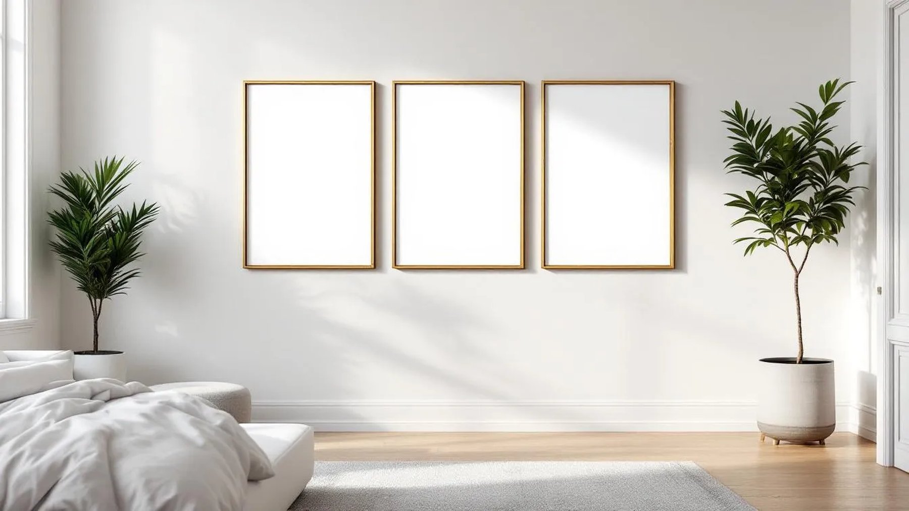 White Bedroom Editorial Room Mockup — Gold Frame Square 1:1 — Perspective View — #03785 | MockupBulk