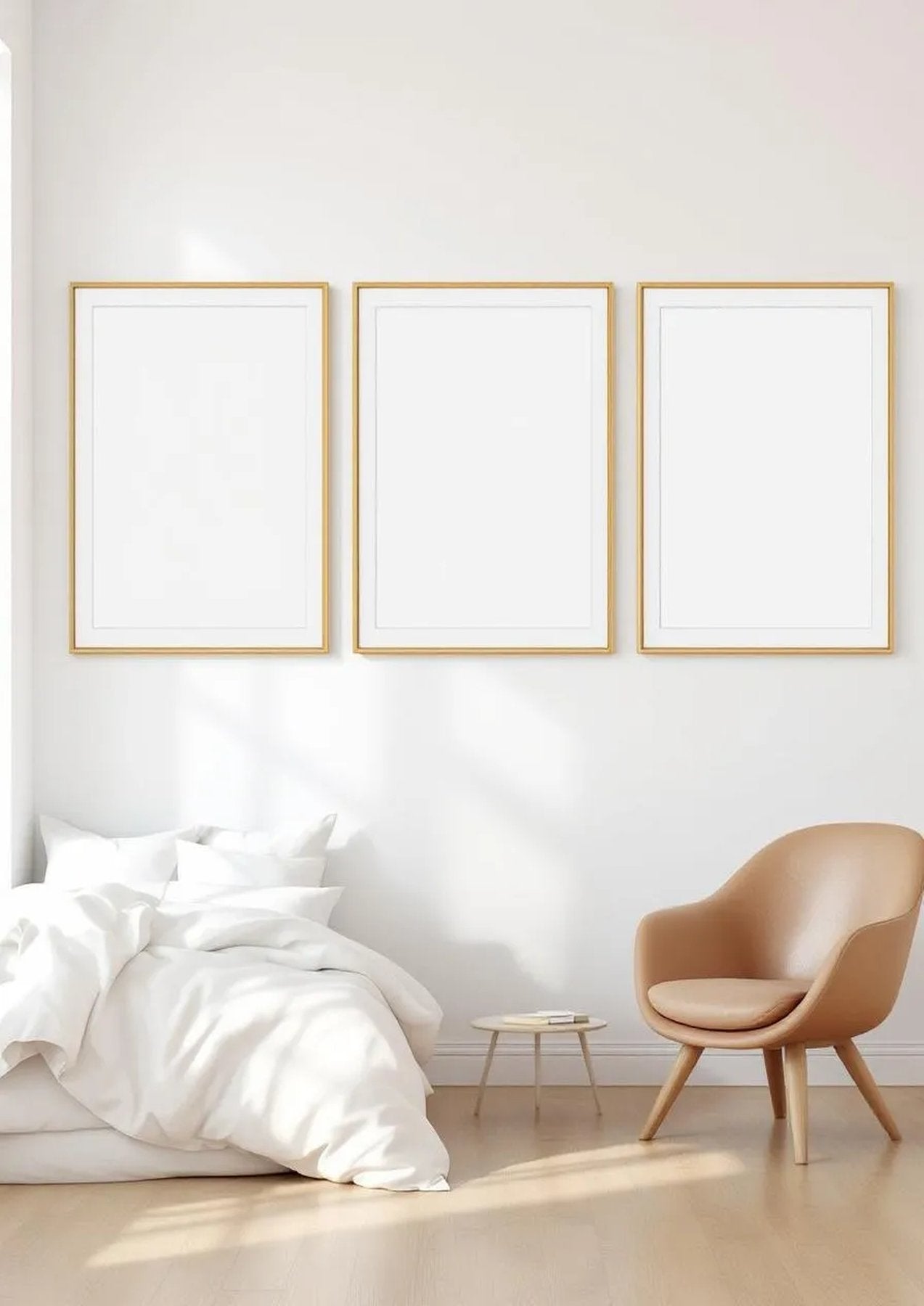 White Bedroom Lifestyle Frame Mockup — Gold Frame Square 1:1 — Perspective View — #03786 | MockupBulk