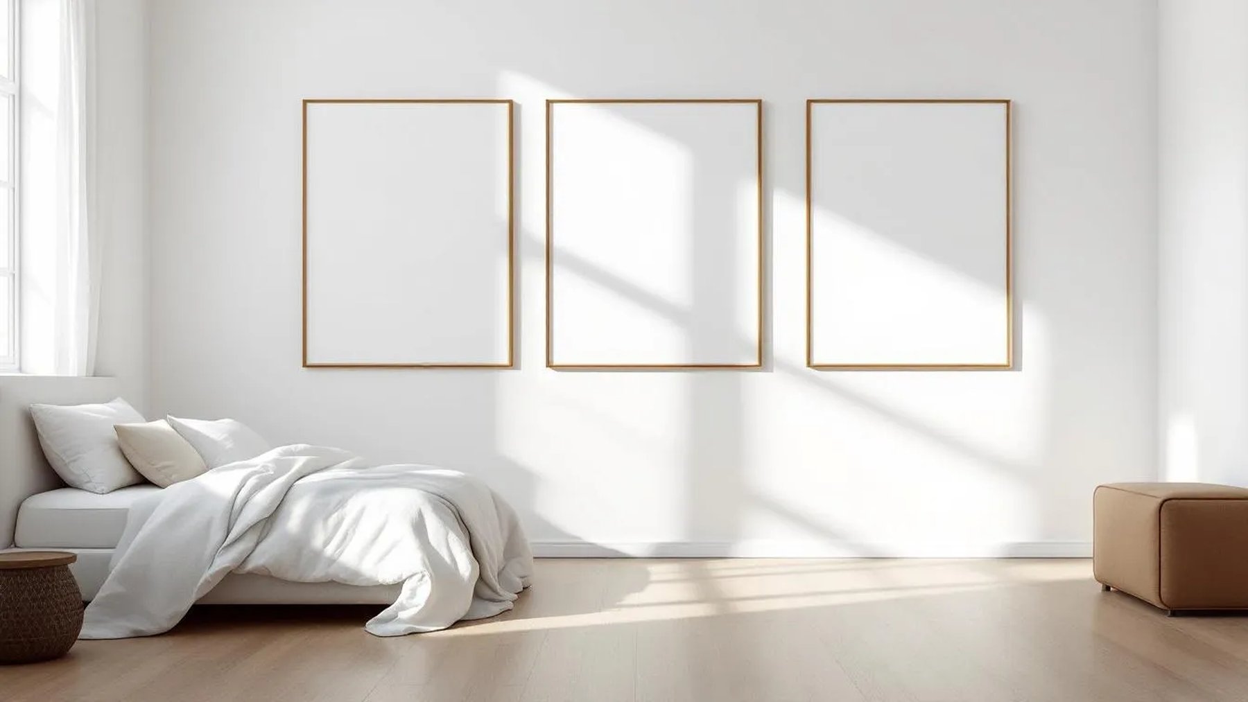 White Bedroom Interior Frame Mockup — Gold Frame Portrait 5:7 — Perspective View — #03788 | MockupBulk