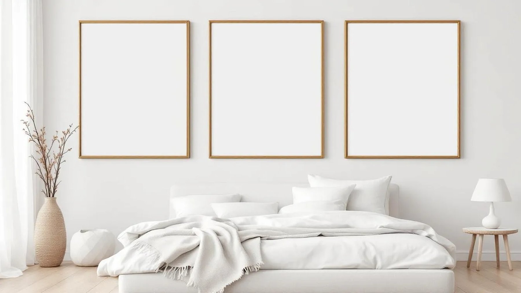 White Bedroom Room Scene Mockup — Gold Frame Square 1:1 — Perspective View — #03800 | MockupBulk