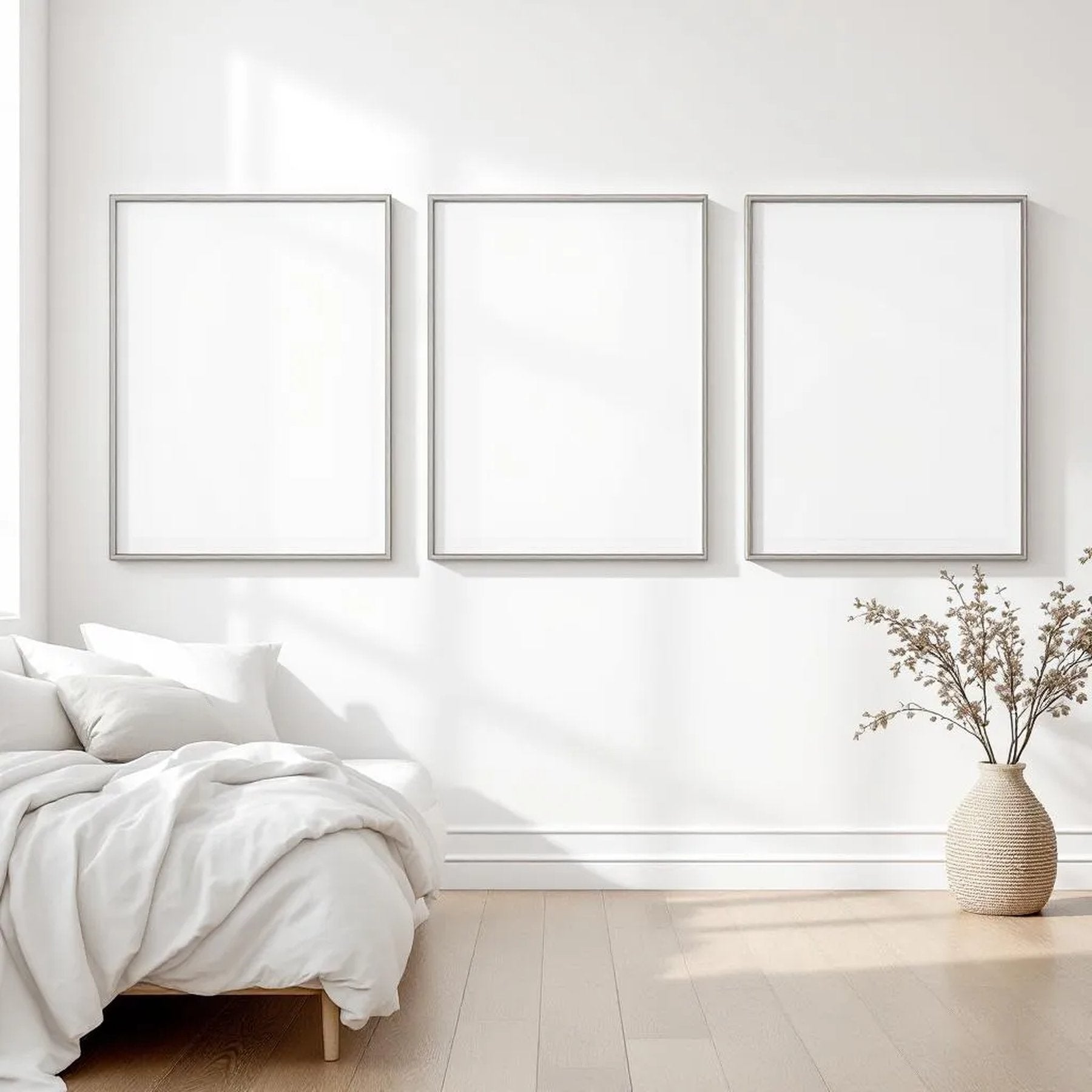 White Bedroom Premium Interior Mockup — Plain Square Frame Square 1:1 — Perspective View — #03805 | MockupBulk
