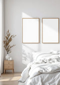 White Bedroom Professional Frame Mockup — Raw Pine Frame A-Series (A4 / A3) — Perspective View — #03825 | MockupBulk