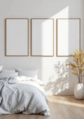 White Bedroom High-Res Frame Mockup — Raw Pine Frame Portrait 2:3 — Perspective View — #03828 | MockupBulk