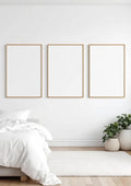 White Bedroom High-Res Frame Mockup — Raw Pine Frame Landscape 3:4 — Perspective View — #03831 | MockupBulk