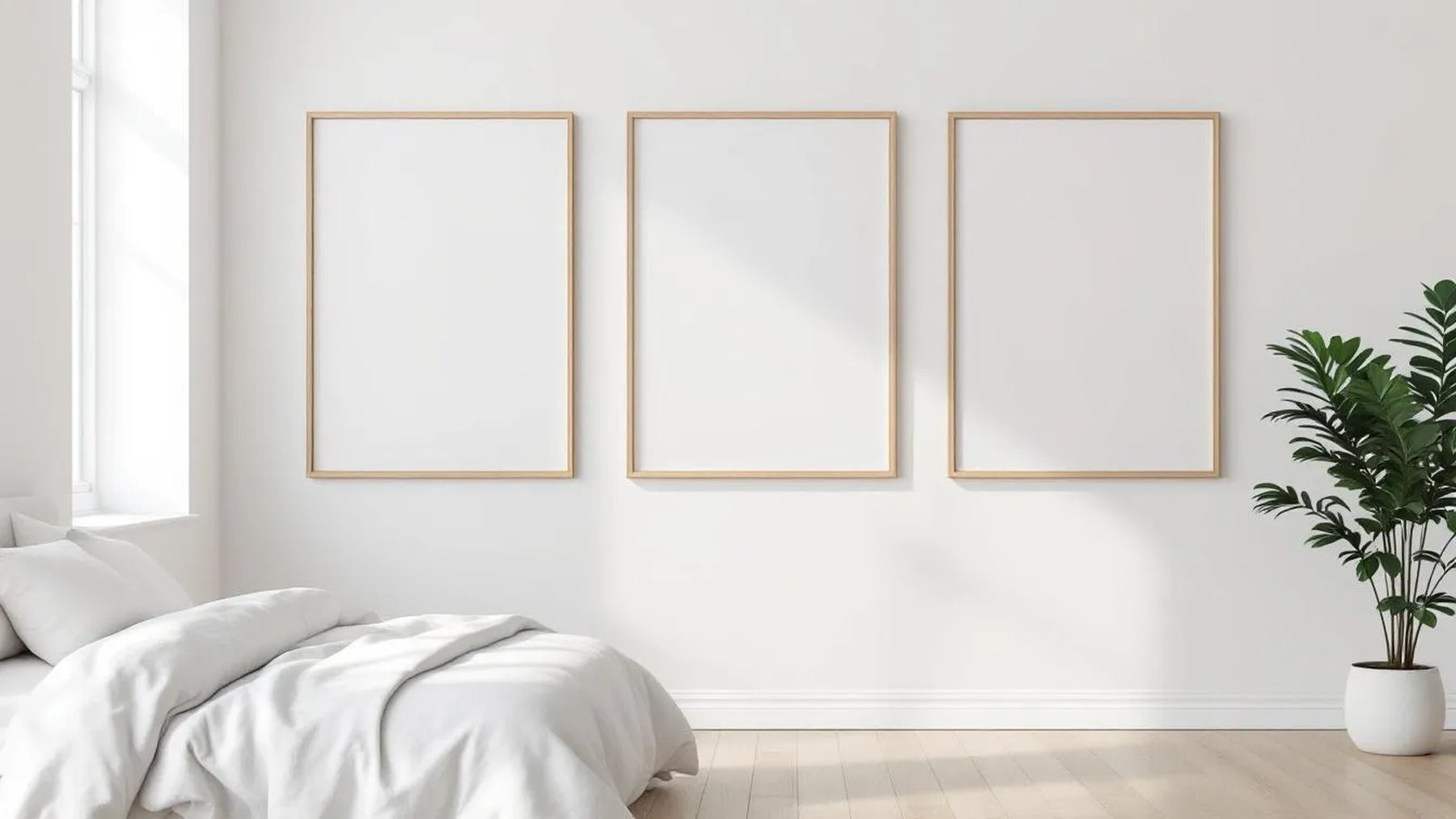 White Bedroom Professional Frame Mockup — Raw Pine Frame Square 1:1 — Perspective View — #03833 | MockupBulk