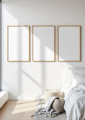 White Bedroom High-Res Frame Mockup — Raw Pine Frame Portrait 2:3 — Perspective View — #03834 | MockupBulk