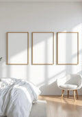 White Bedroom Editorial Room Mockup — Raw Pine Frame Portrait 2:3 — Perspective View — #03840 | MockupBulk