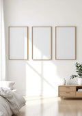White Bedroom Editorial Room Mockup — Raw Pine Frame Portrait 2:3 — Perspective View — #03843 | MockupBulk