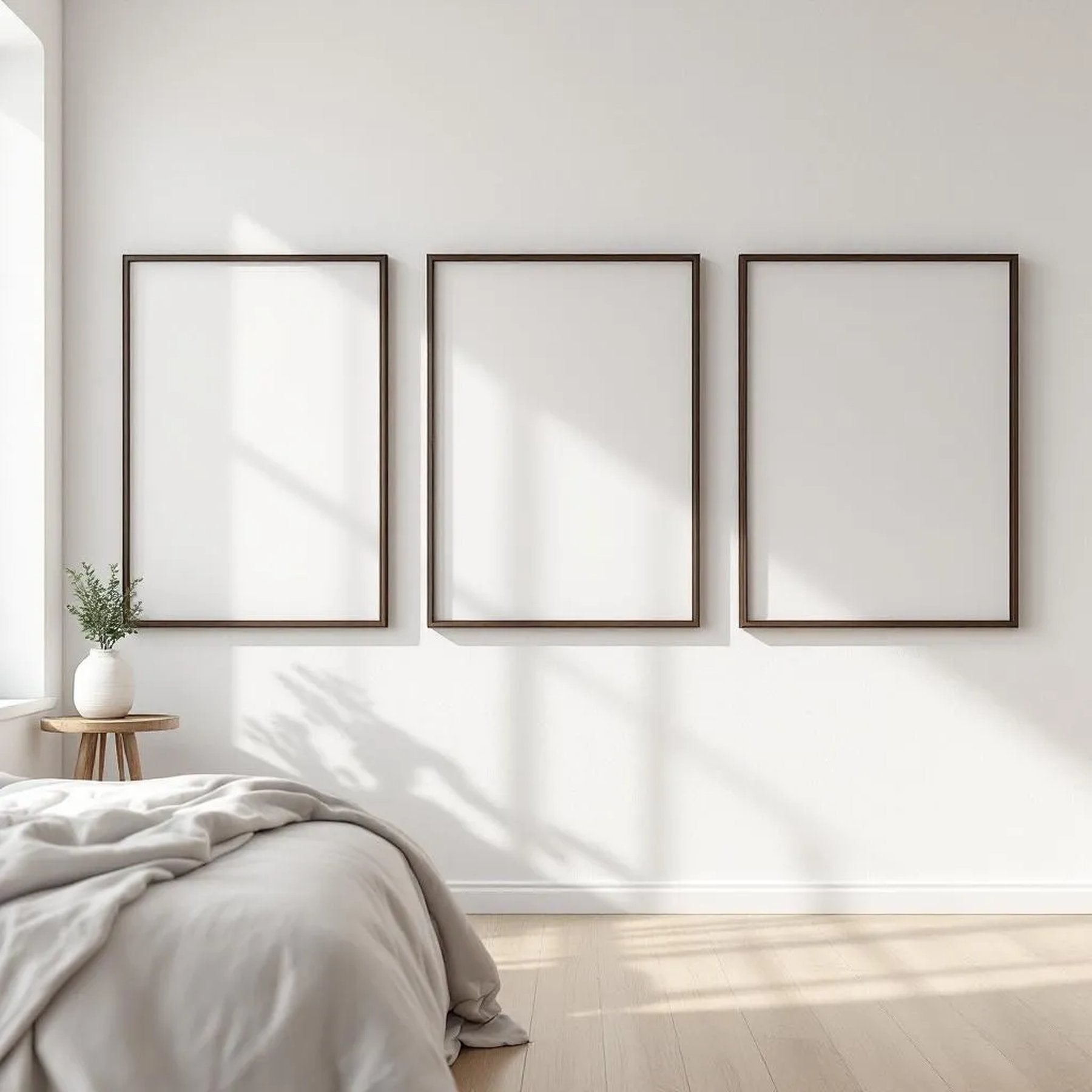 White Bedroom Wall Art Mockup — Plain Square Frame Square 1:1 — Perspective View — #03844 | MockupBulk