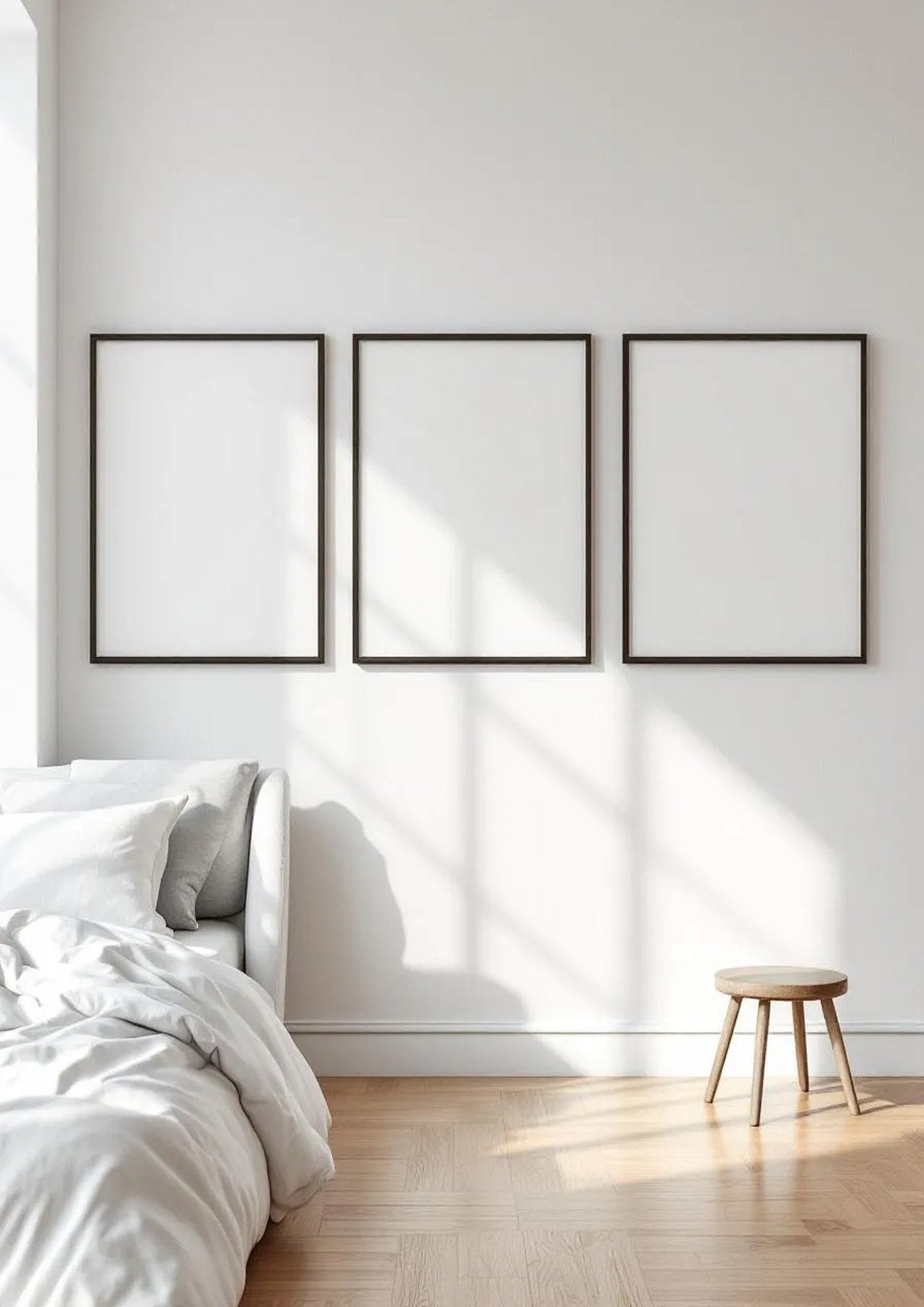 White Bedroom Styled Room Mockup — Espresso Frame Landscape 3:4 — Perspective View — #03855 | MockupBulk