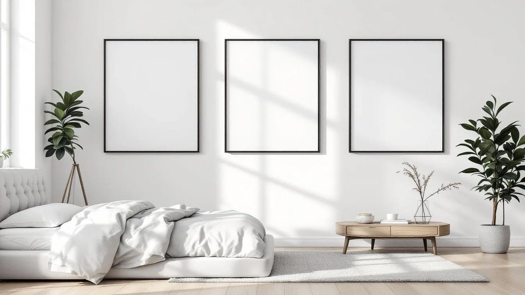 White Bedroom High-Res Frame Mockup — Espresso Frame Square 1:1 — Perspective View — #03863 | MockupBulk
