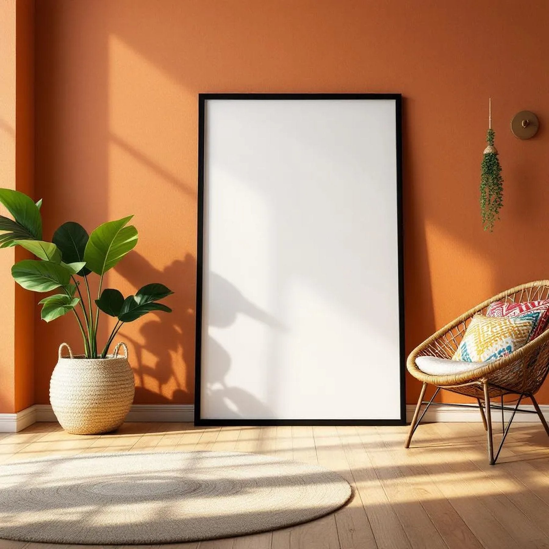 Boho Living Room Room Scene Mockup — Plain Square Frame Portrait 2:3 — Perspective View — #02569 | MockupBulk