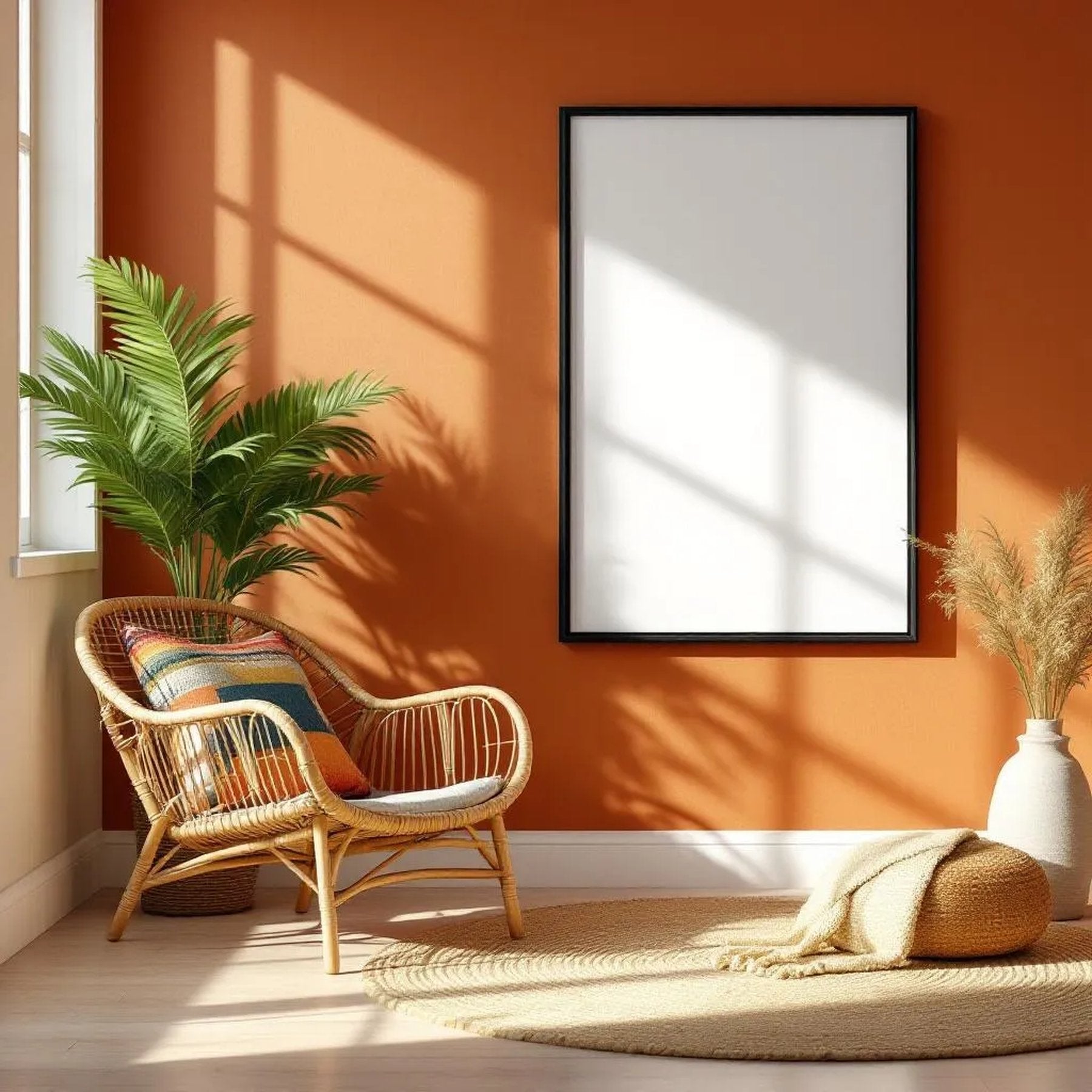 Boho Living Room High-Res Frame Mockup — Plain Square Frame Portrait 2:3 — Perspective View — #02572 | MockupBulk