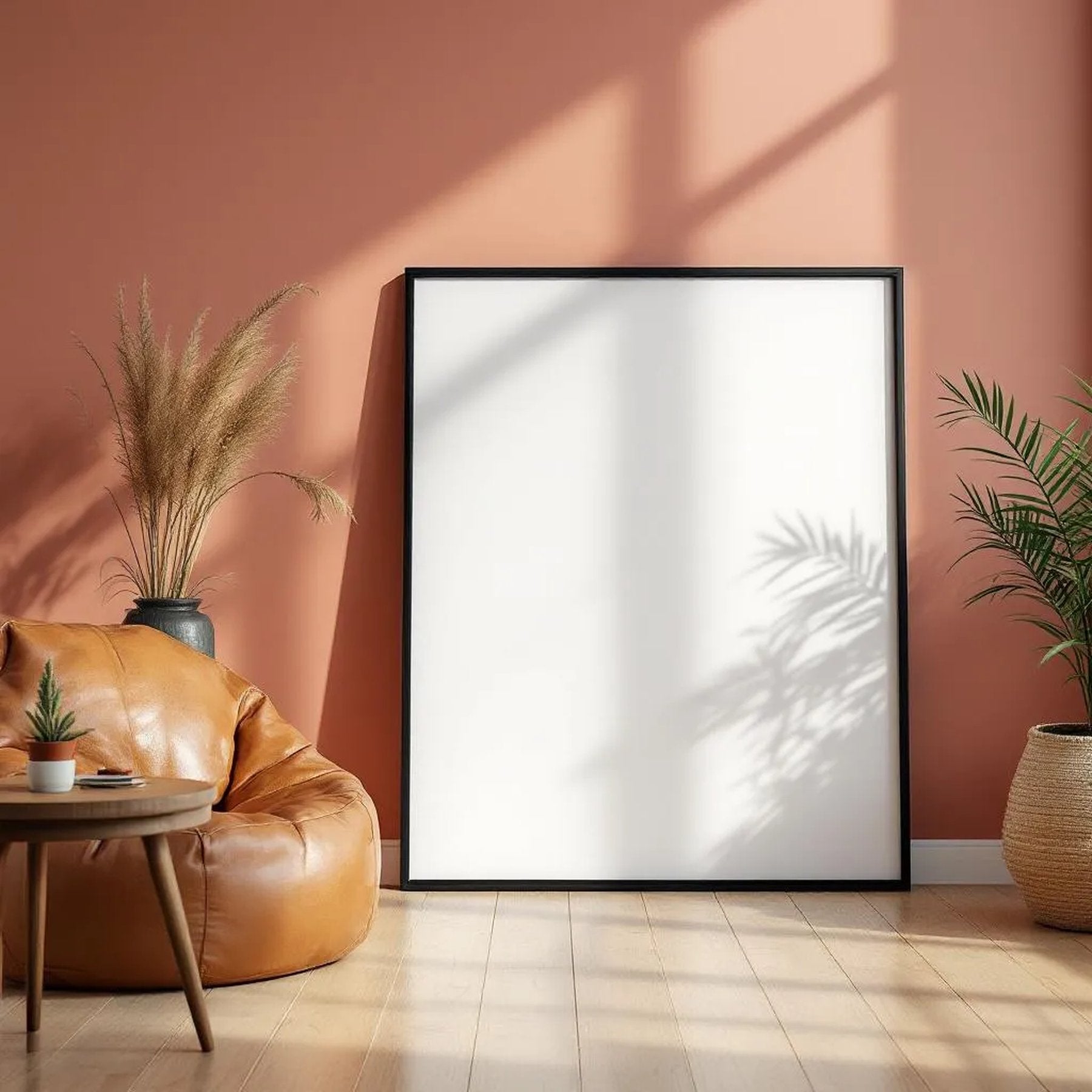 Boho Living Room Interior Frame Mockup — Plain Square Frame Portrait 2:3 — Perspective View — #02574 | MockupBulk