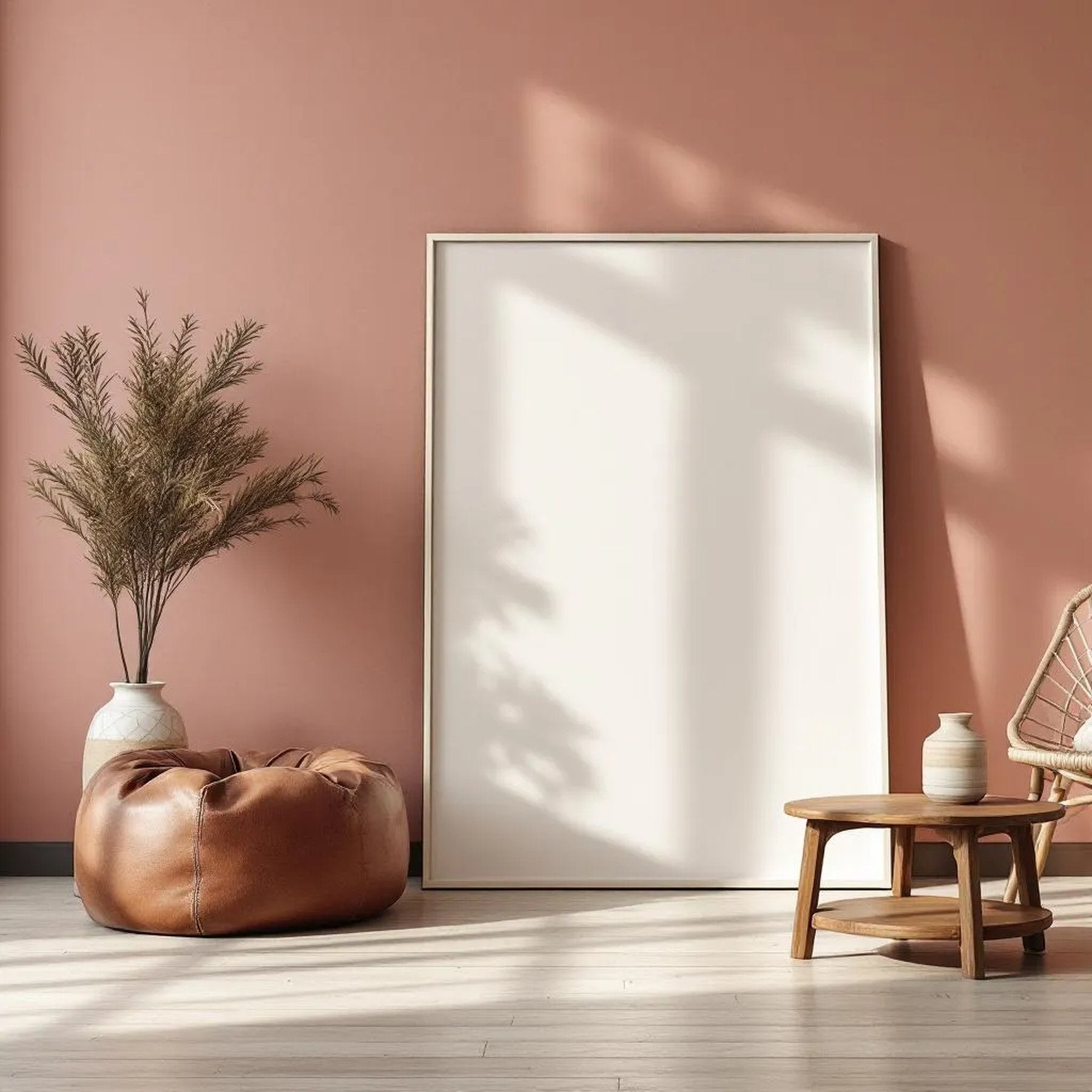 Boho Living Room Premium Interior Mockup — Plain Square Frame Portrait 2:3 — Perspective View — #02577 | MockupBulk