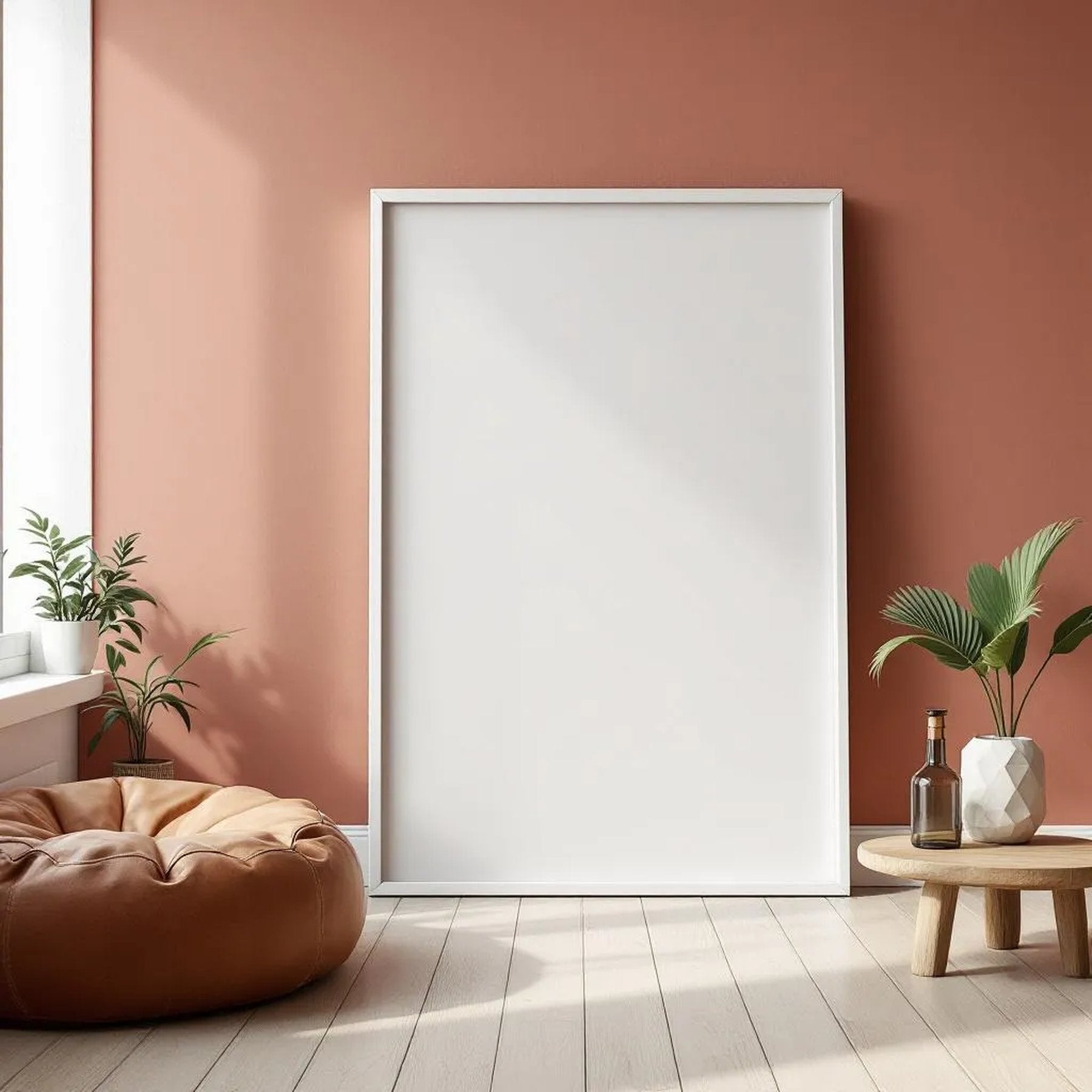 Boho Living Room Editorial Room Mockup — Plain Square Frame Portrait 2:3 — Perspective View — #02580 | MockupBulk