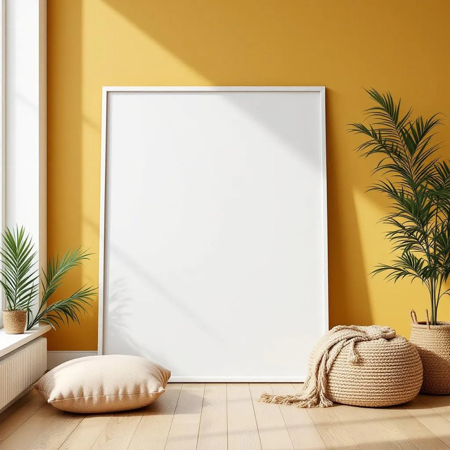 Boho Living Room Room Scene Mockup — Plain Square Frame Portrait 5:7 — Perspective View — #02582 | MockupBulk