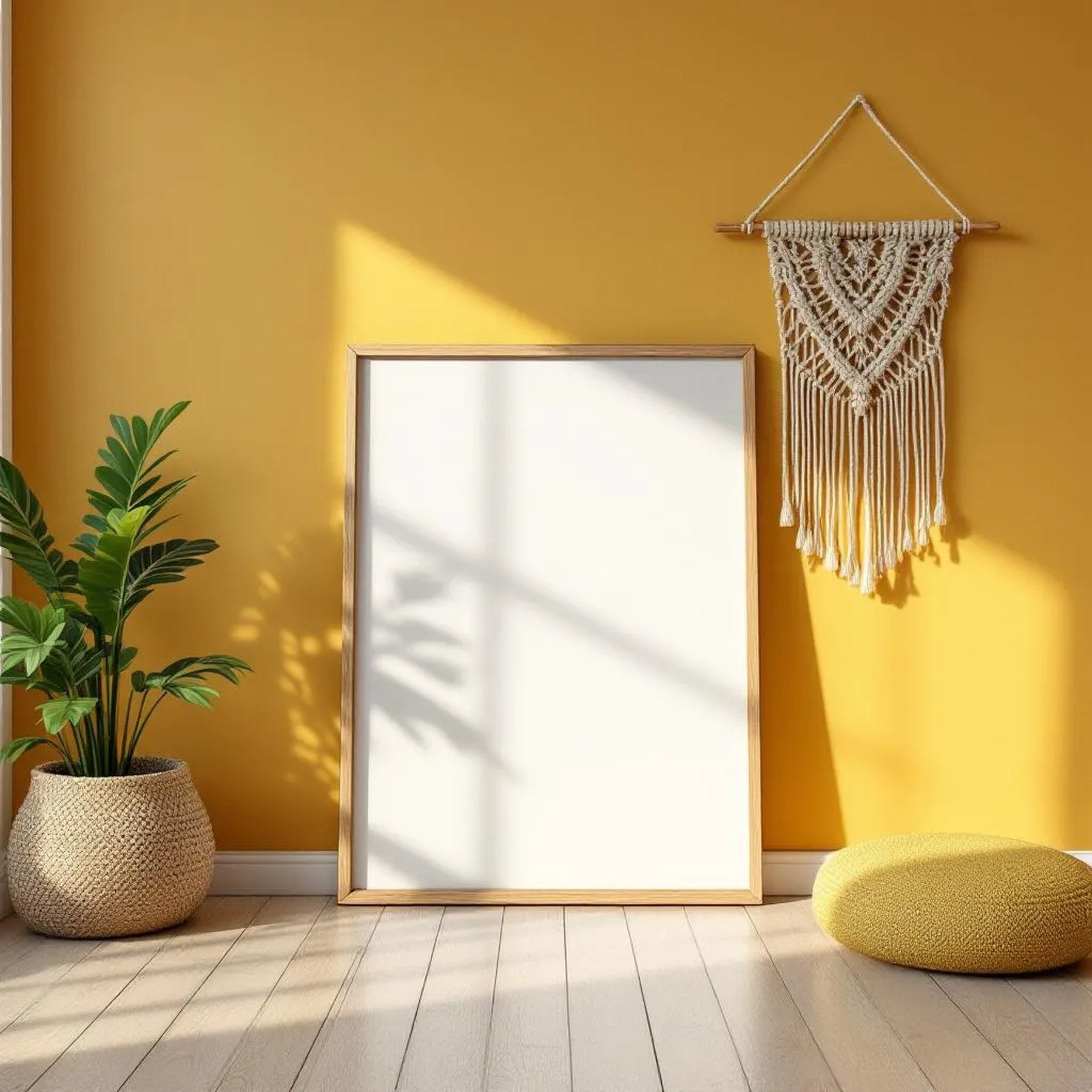 Boho Living Room Premium Interior Mockup — Plain Square Frame Portrait 2:3 — Perspective View — #02585 | MockupBulk