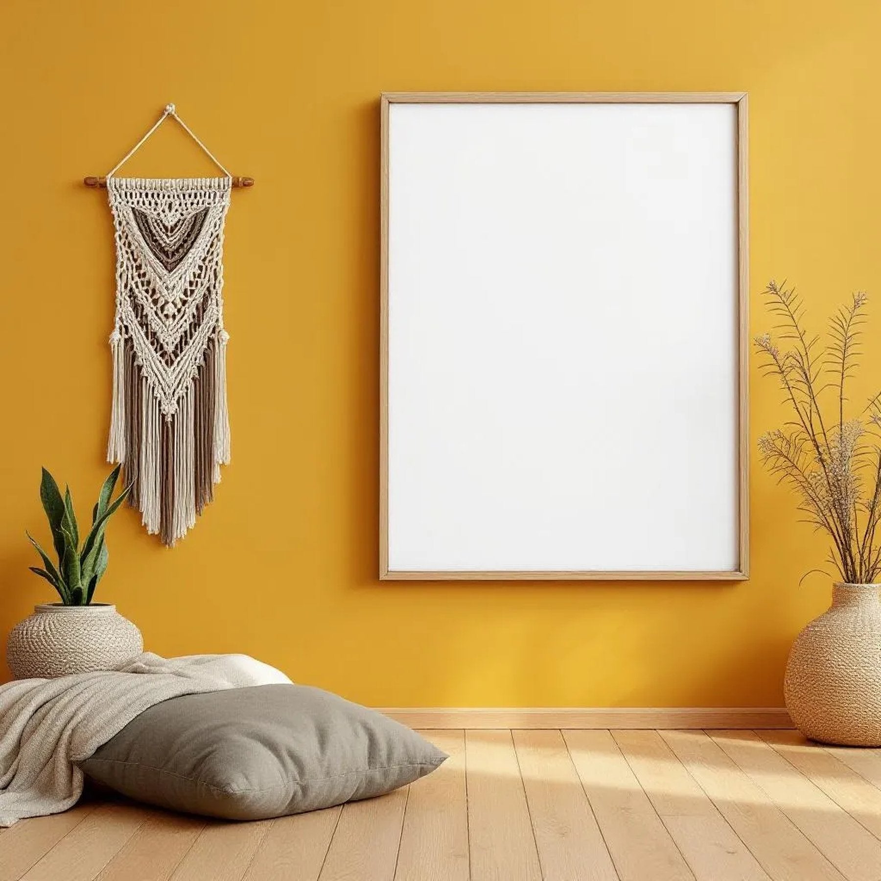 Boho Living Room Interior Frame Mockup — Plain Square Frame Landscape 3:4 — Perspective View — #02588 | MockupBulk