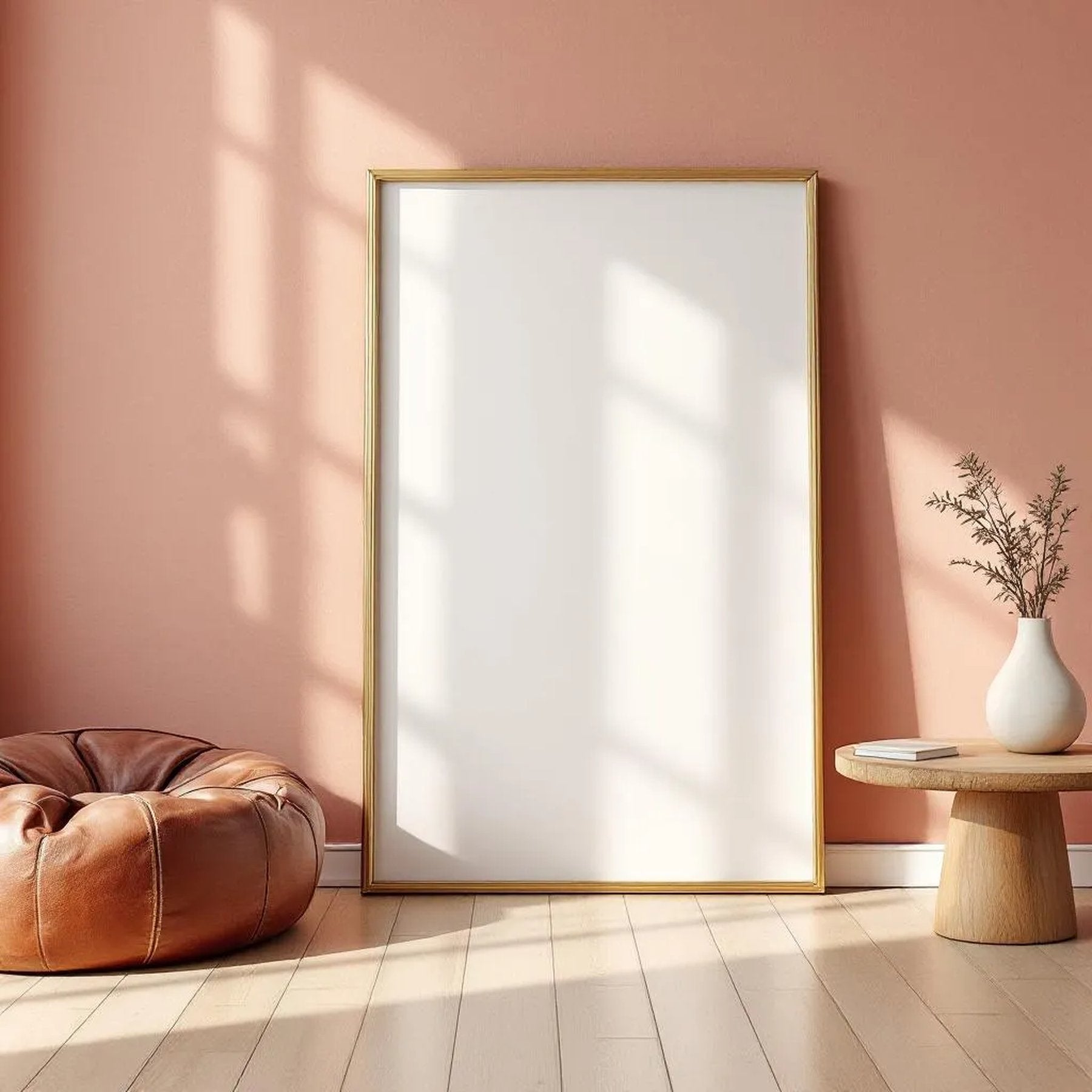 Boho Living Room Editorial Room Mockup — Plain Square Frame Portrait 2:3 — Perspective View — #02604 | MockupBulk