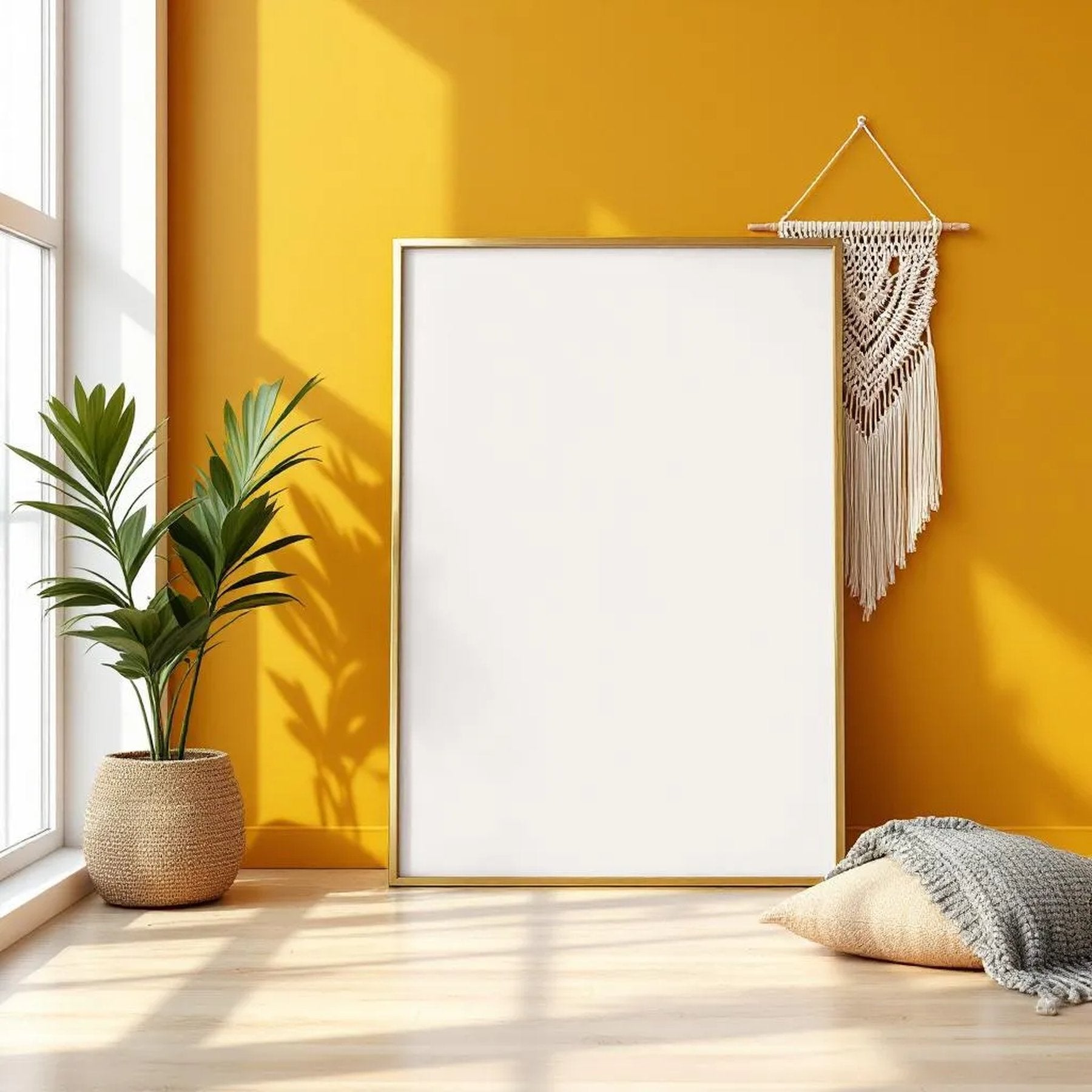 Boho Living Room High-Res Frame Mockup — Plain Square Frame Portrait 2:3 — Perspective View — #02606 | MockupBulk