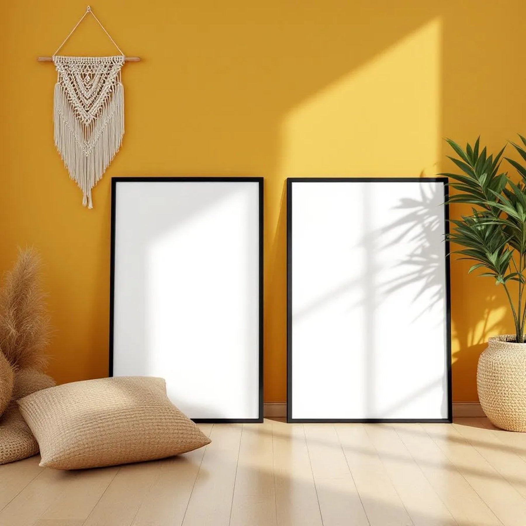 Boho Living Room Premium Interior Mockup — Plain Square Frame Portrait 2:3 — Perspective View — #02573 | MockupBulk