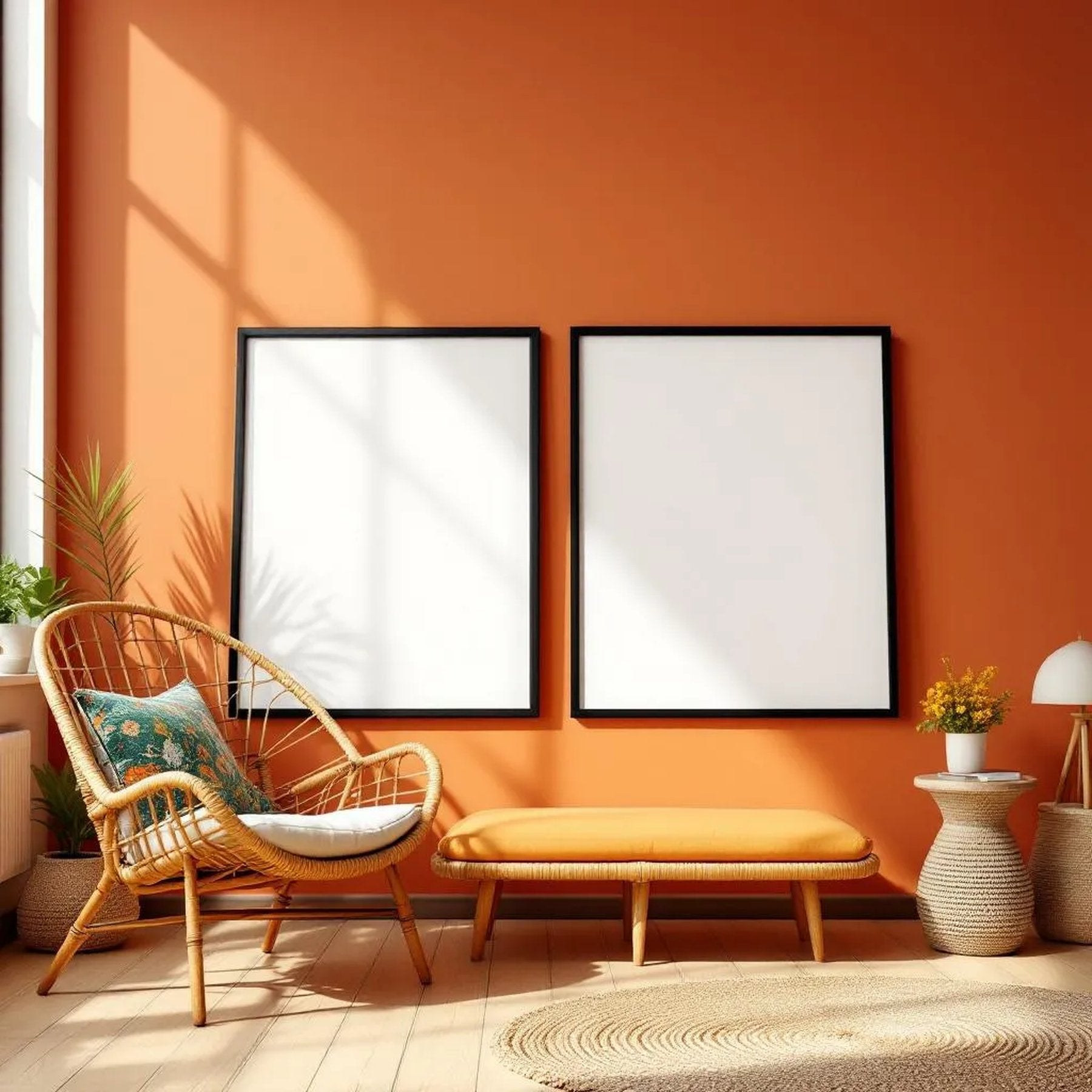 Boho Living Room High-Res Frame Mockup — Plain Square Frame Portrait 2:3 — Perspective View — #02575 | MockupBulk