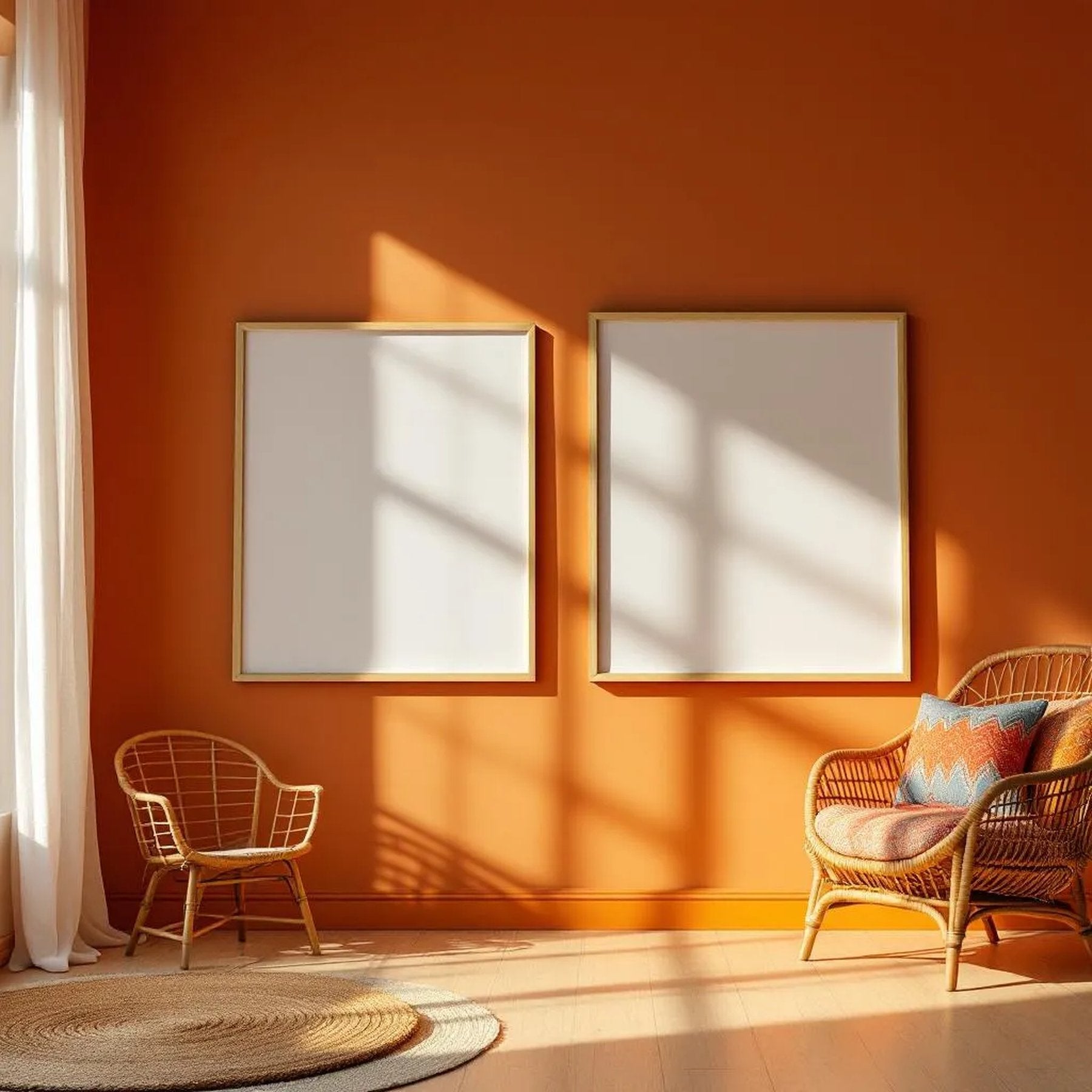 Boho Living Room Room Scene Mockup — Plain Square Frame Portrait 2:3 — Perspective View — #02578 | MockupBulk