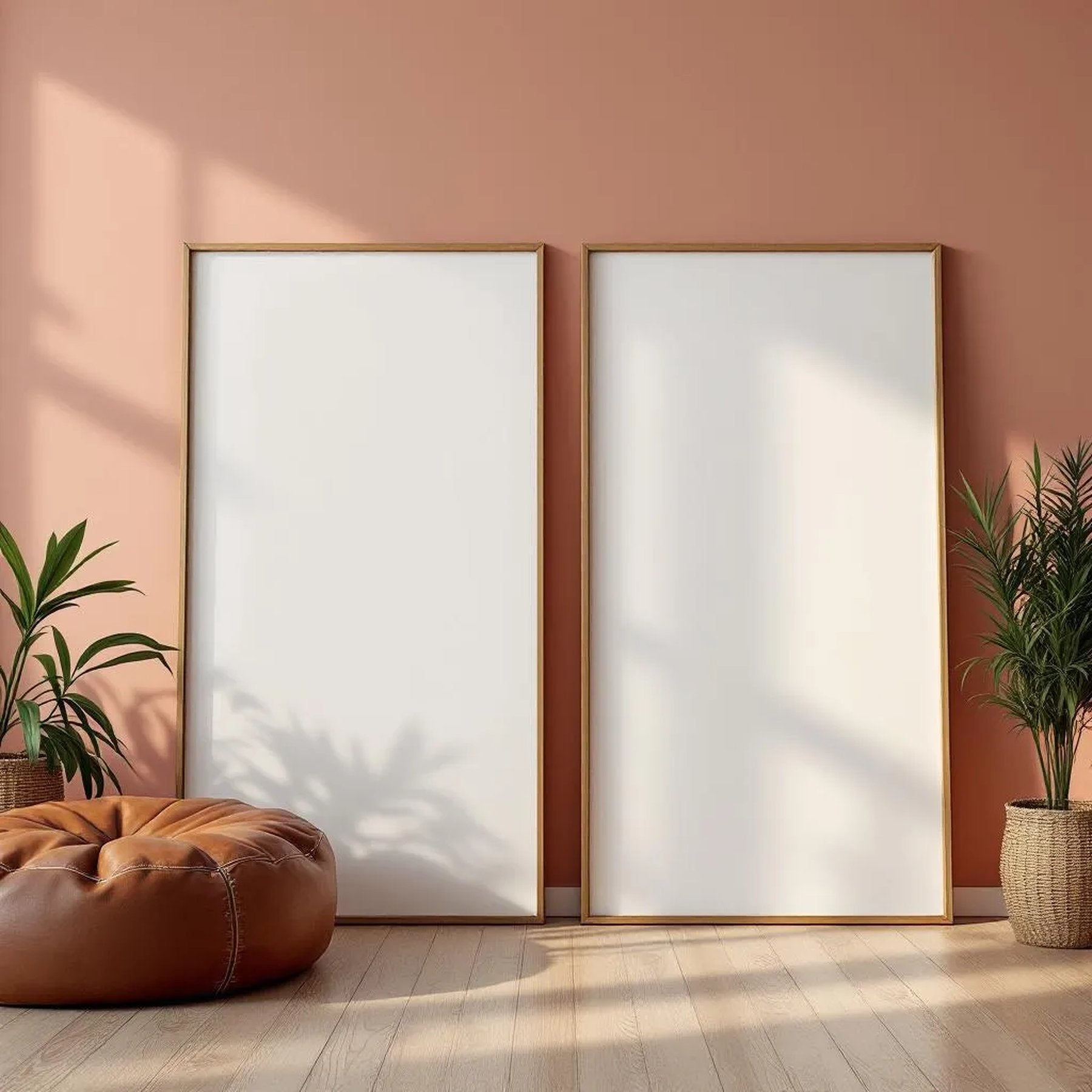 Boho Living Room Premium Interior Mockup — Plain Square Frame Portrait 2:3 — Perspective View — #02583 | MockupBulk