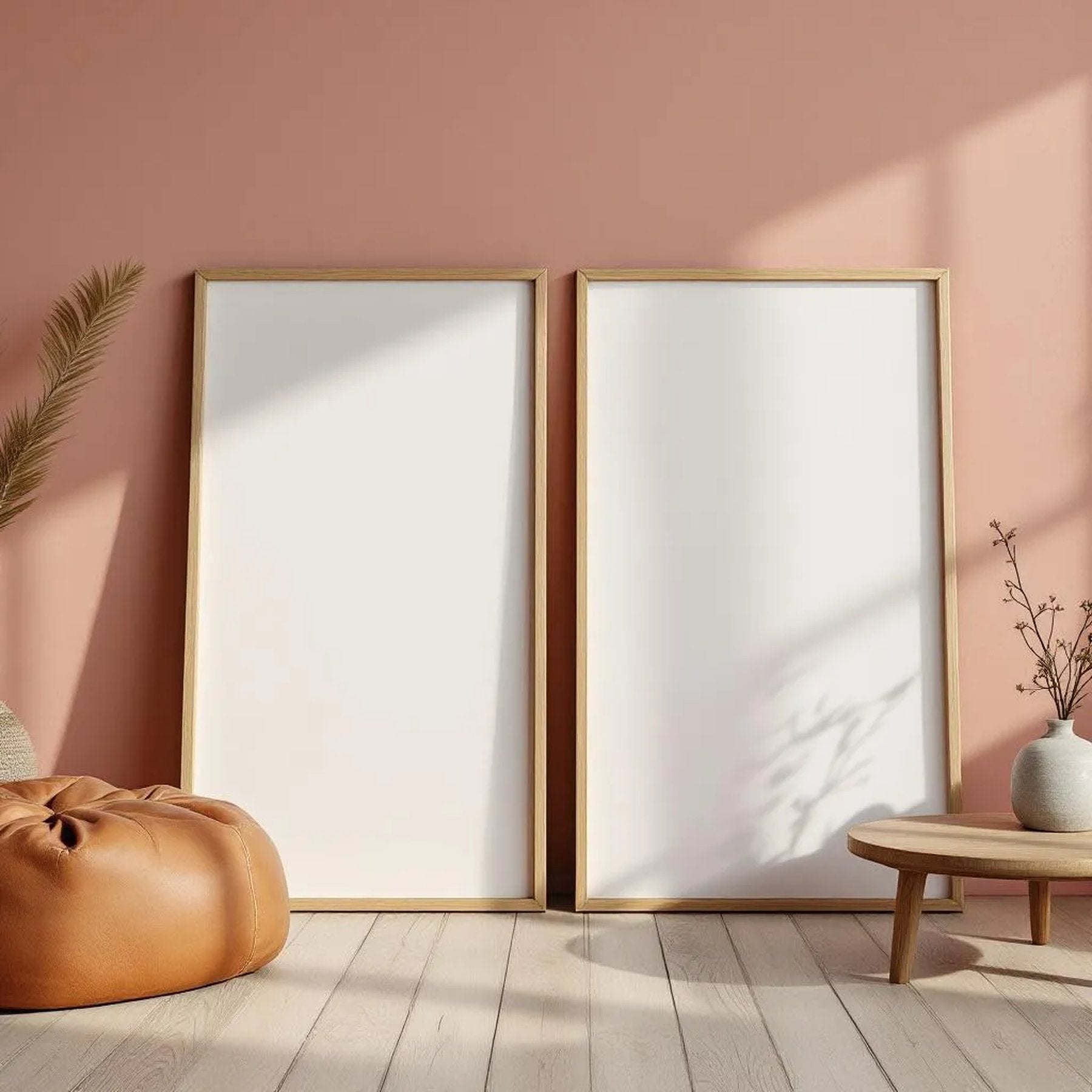 Boho Living Room Lifestyle Frame Mockup — Plain Square Frame Portrait 2:3 — Perspective View — #02586 | MockupBulk
