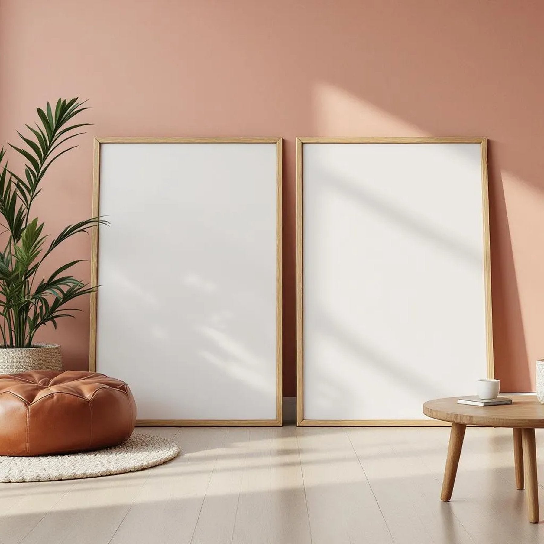 Boho Living Room Interior Frame Mockup — Plain Square Frame Portrait 2:3 — Perspective View — #02589 | MockupBulk