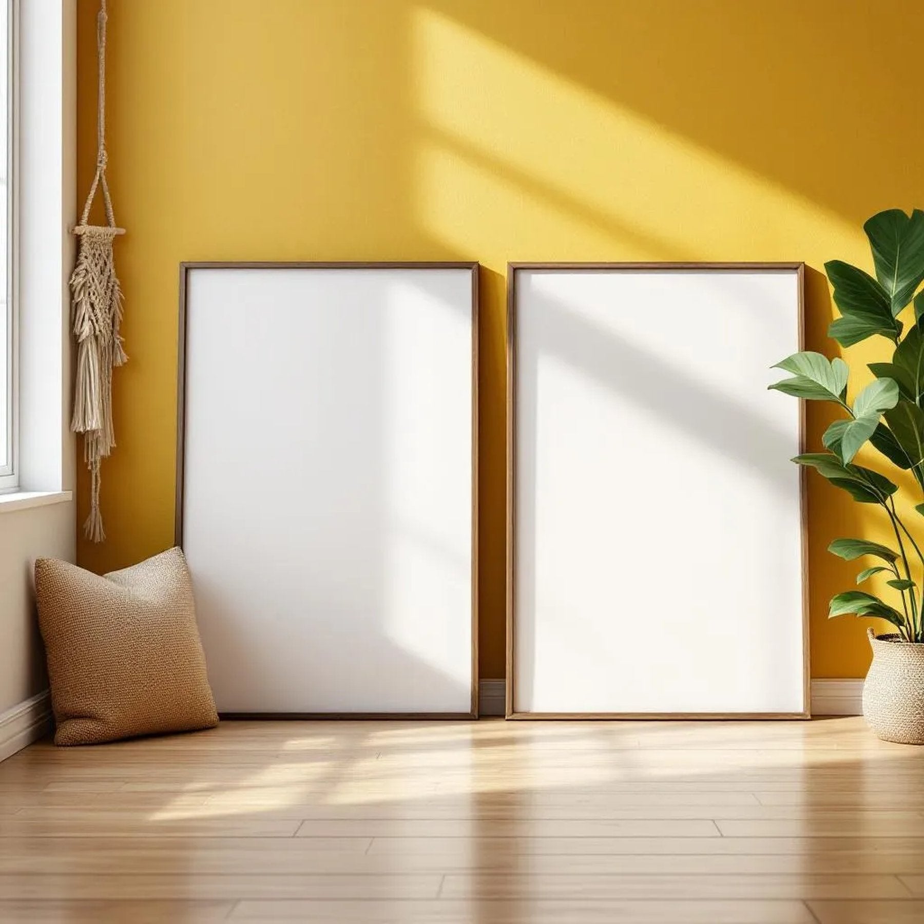 Boho Living Room Lifestyle Frame Mockup — Plain Square Frame Portrait 2:3 — Perspective View — #02594 | MockupBulk